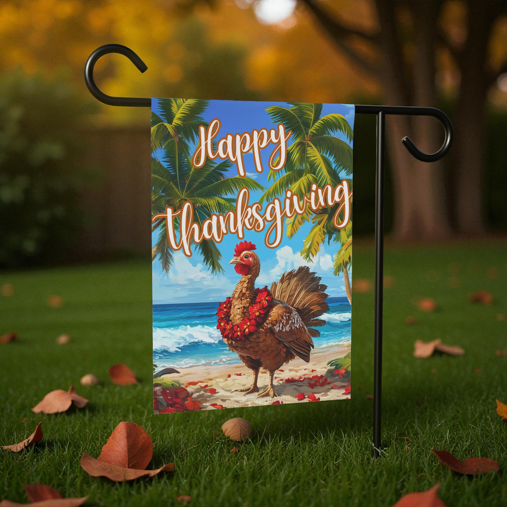 Happy Thanksgiving Aloha Turkey Garden Flag - size comparison - Dragonfire Gardens