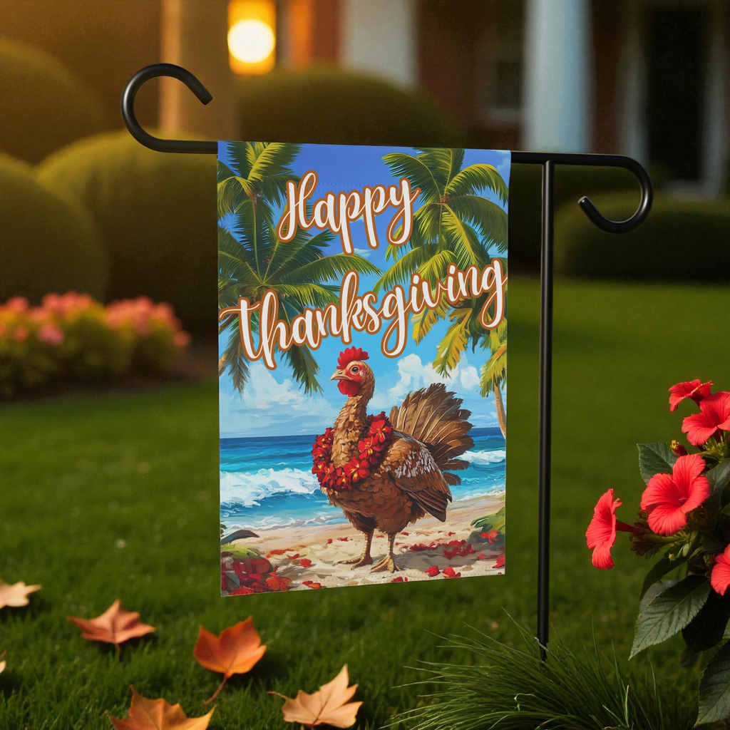 Happy Thanksgiving Aloha Turkey Garden Flag - front view - Dragonfire Gardens