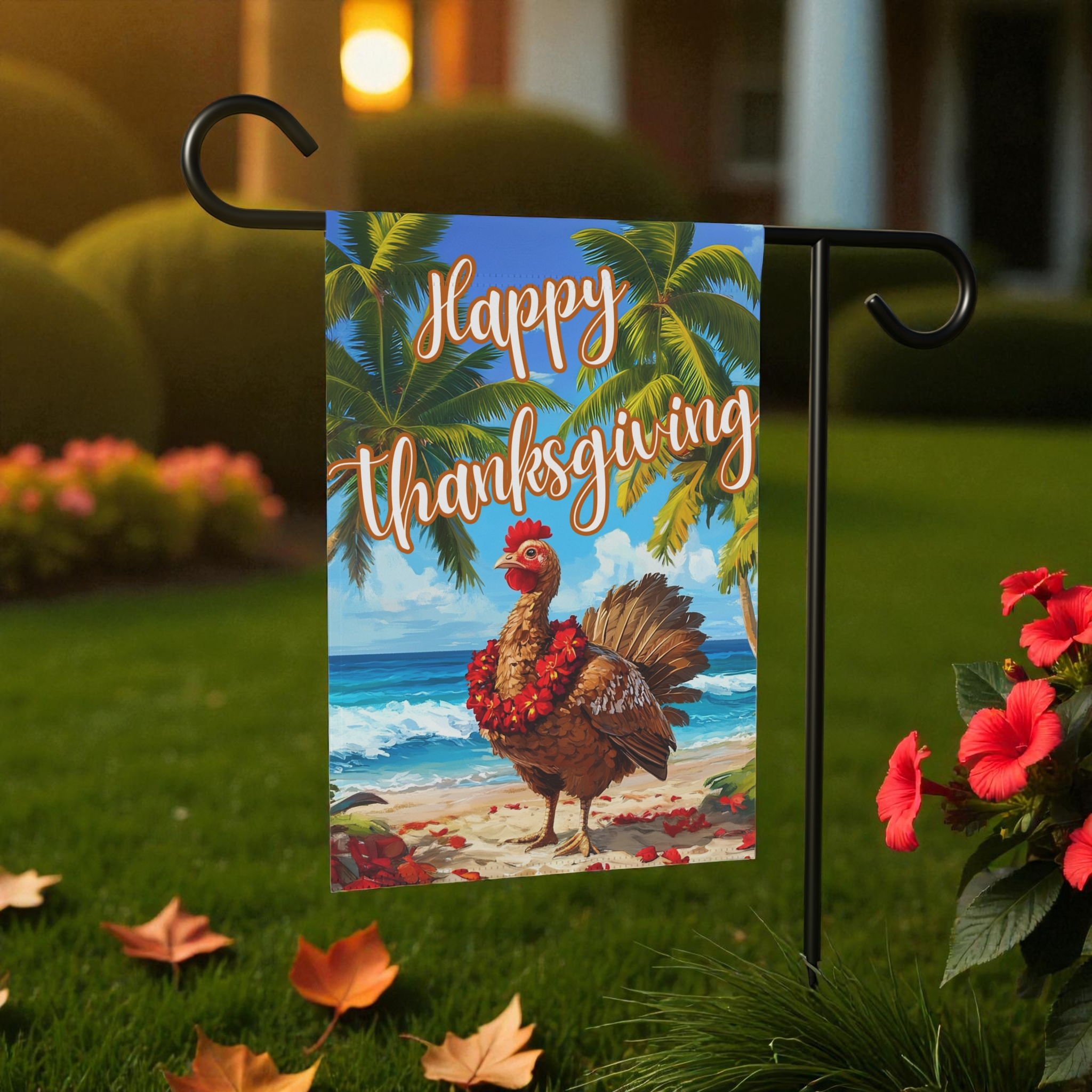 Happy Thanksgiving Aloha Turkey Garden Flag - front view - Dragonfire Gardens