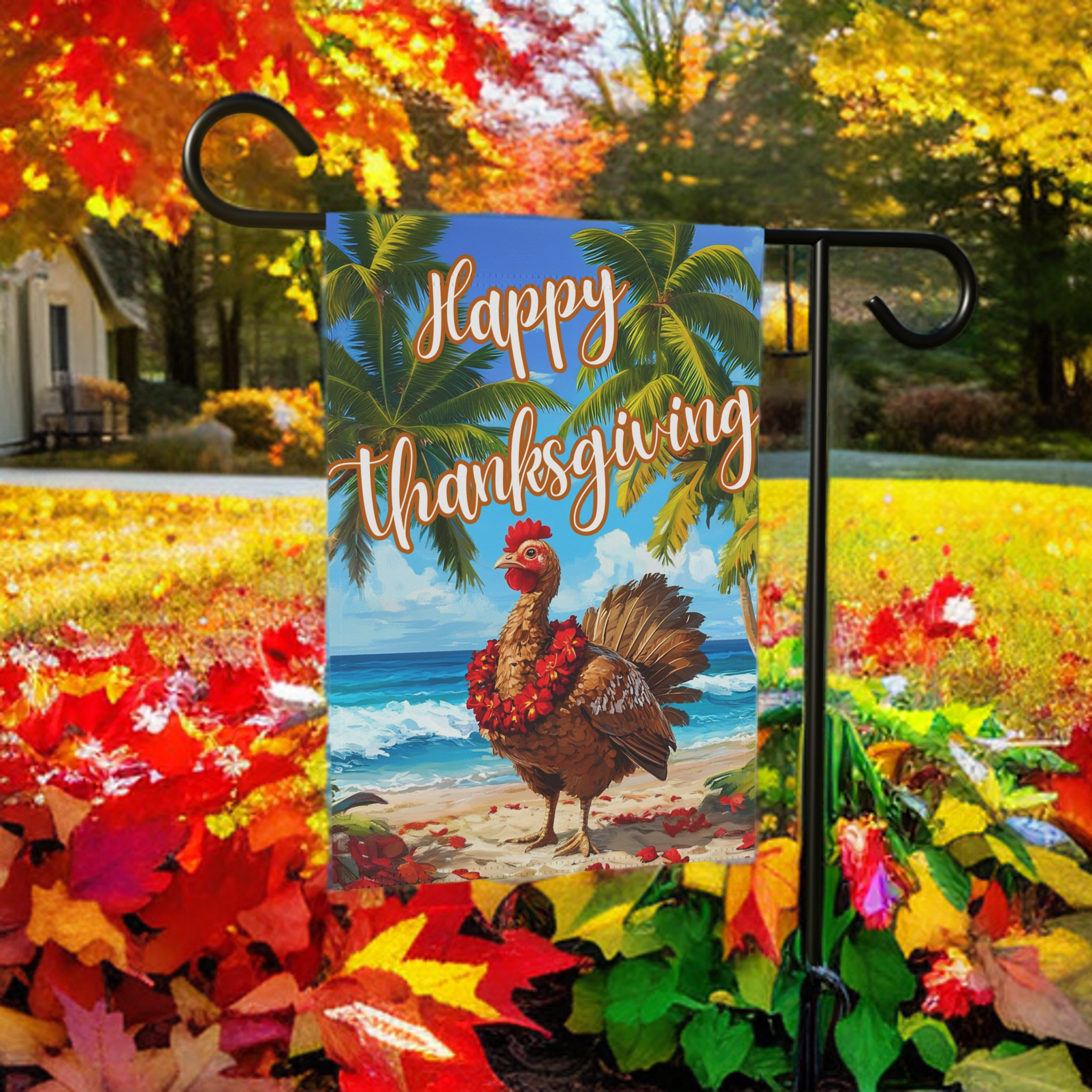 Happy Thanksgiving Aloha Turkey Garden Flag - product detail - Dragonfire Gardens