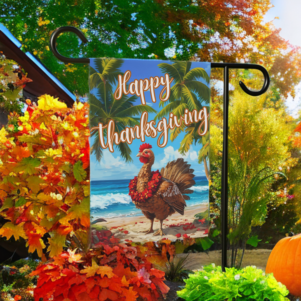 Happy Thanksgiving Aloha Turkey Garden Flag - lifestyle display - Dragonfire Gardens