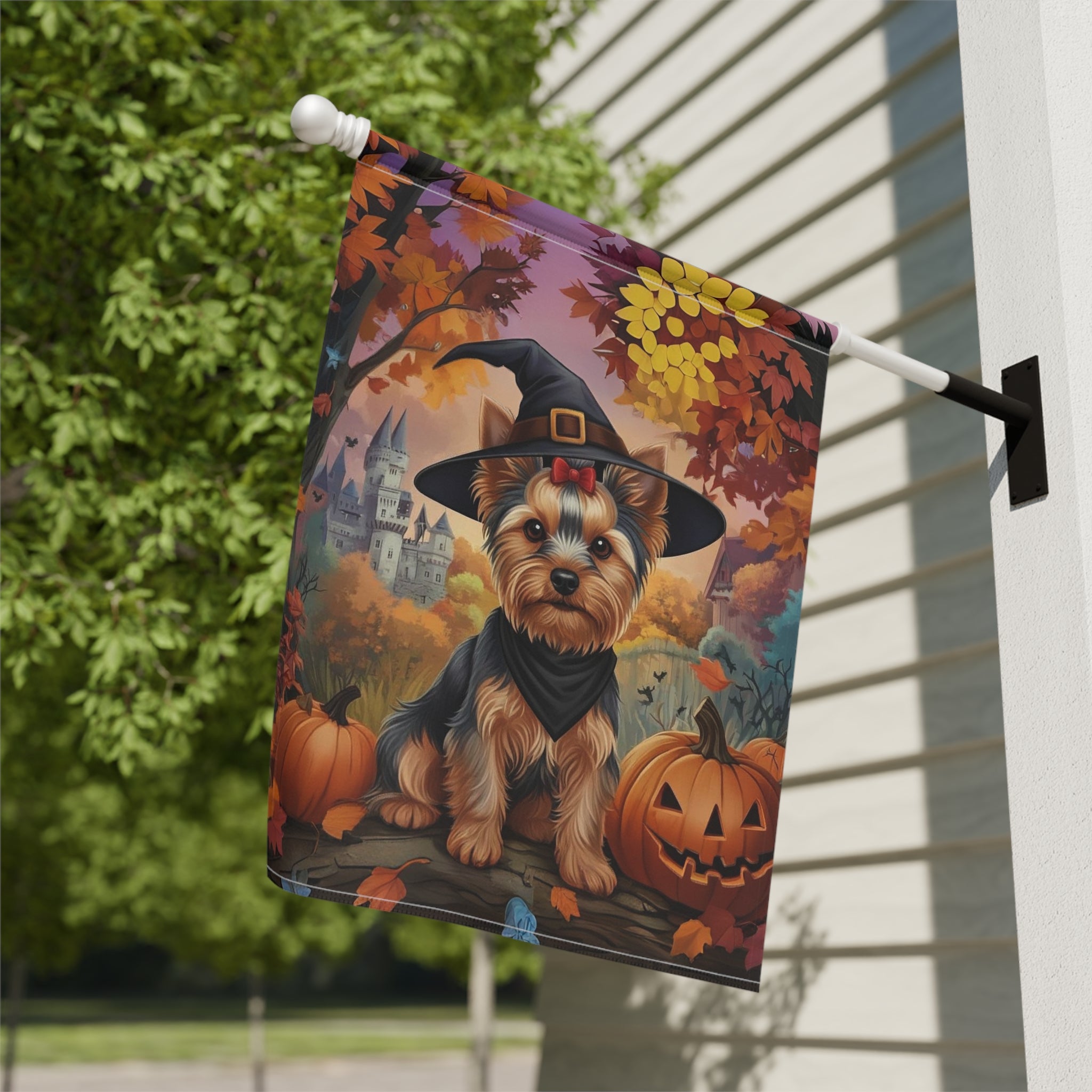 Yorkshire Terrier Halloween Pumpkin Garden Flag - close-up detail - Dragonfire Gardens