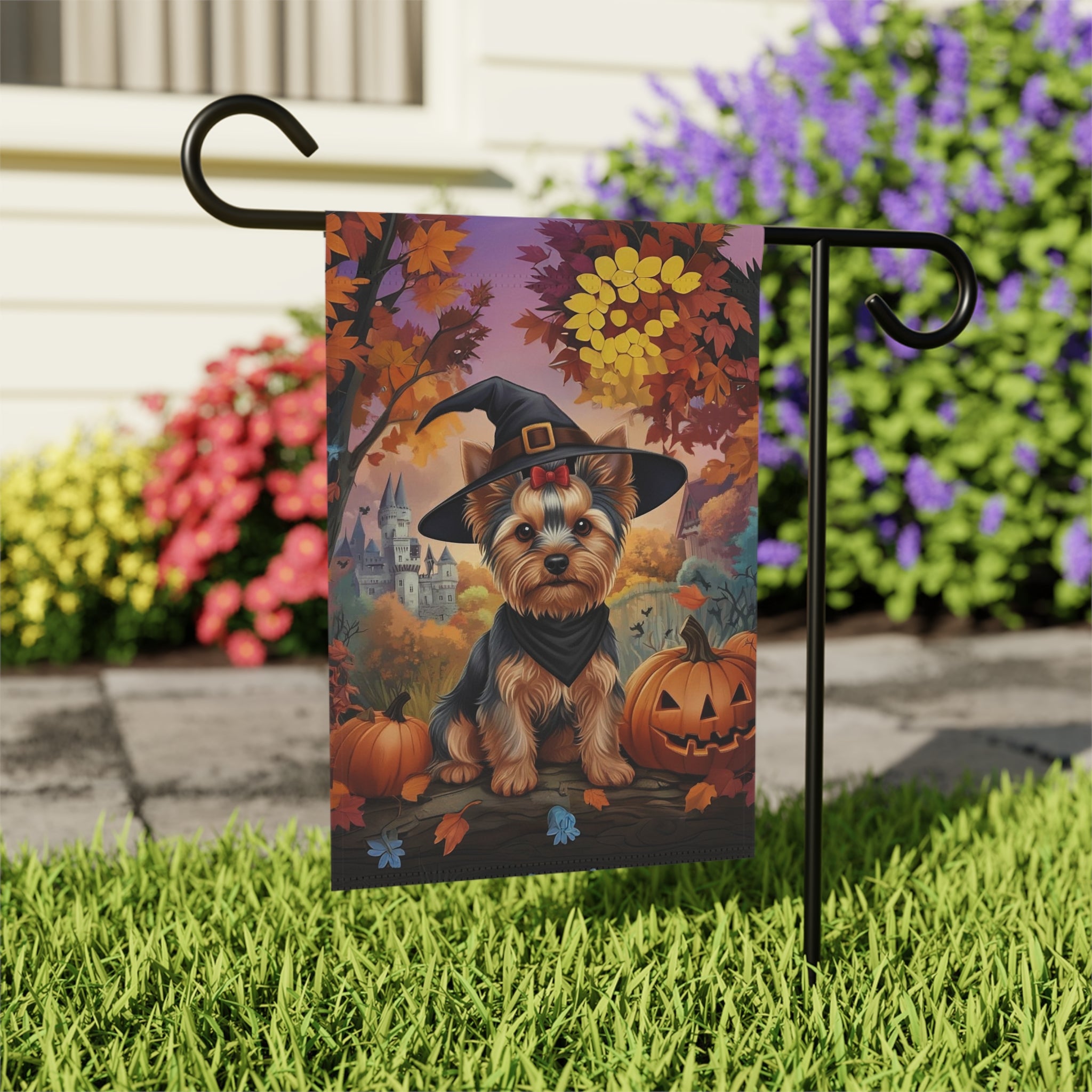 Yorkshire Terrier Halloween Pumpkin Garden Flag - outdoor display - Dragonfire Gardens
