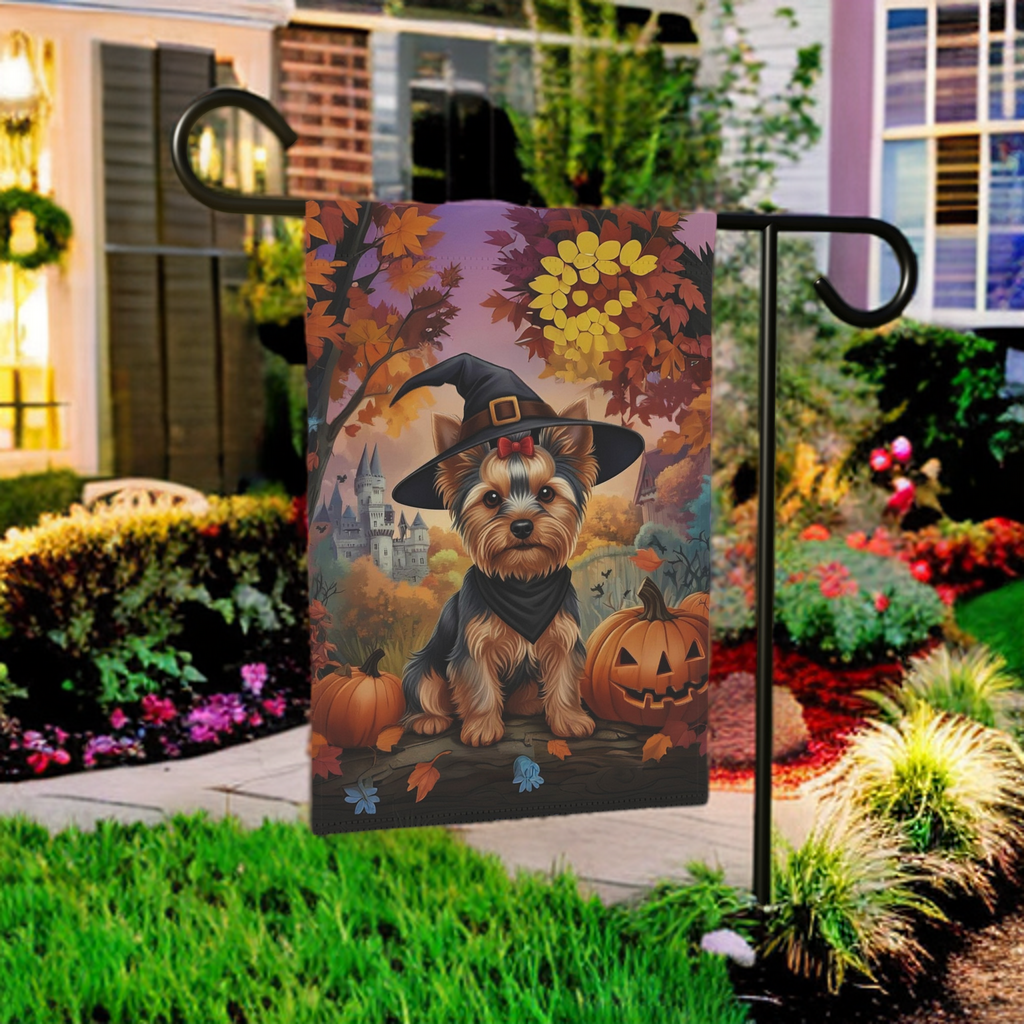 Yorkshire Terrier Halloween Pumpkin Garden Flag - lifestyle display - Dragonfire Gardens