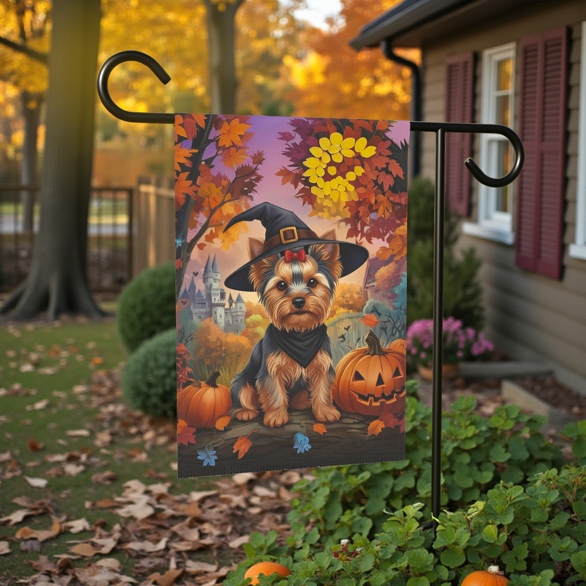 Yorkshire Terrier Halloween Pumpkin Garden Flag - size comparison - Dragonfire Gardens