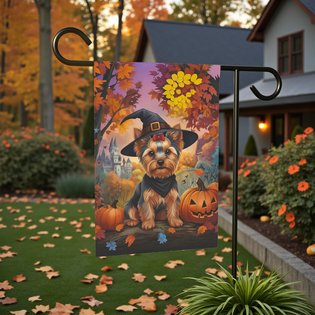 Yorkshire Terrier Halloween Pumpkin Garden Flag - front view - Dragonfire Gardens