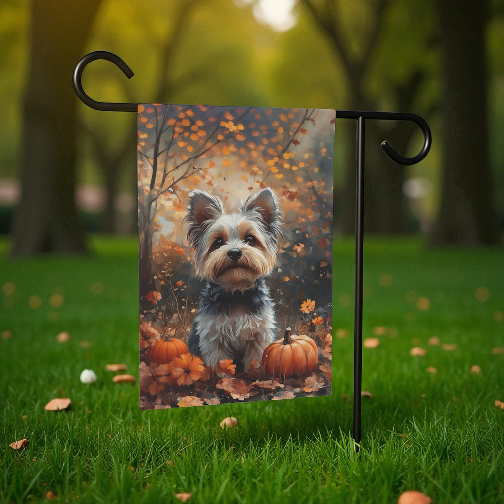 Autumn Yorkshire Terrier Garden Flag - double-sided design - Dragonfire Gardens