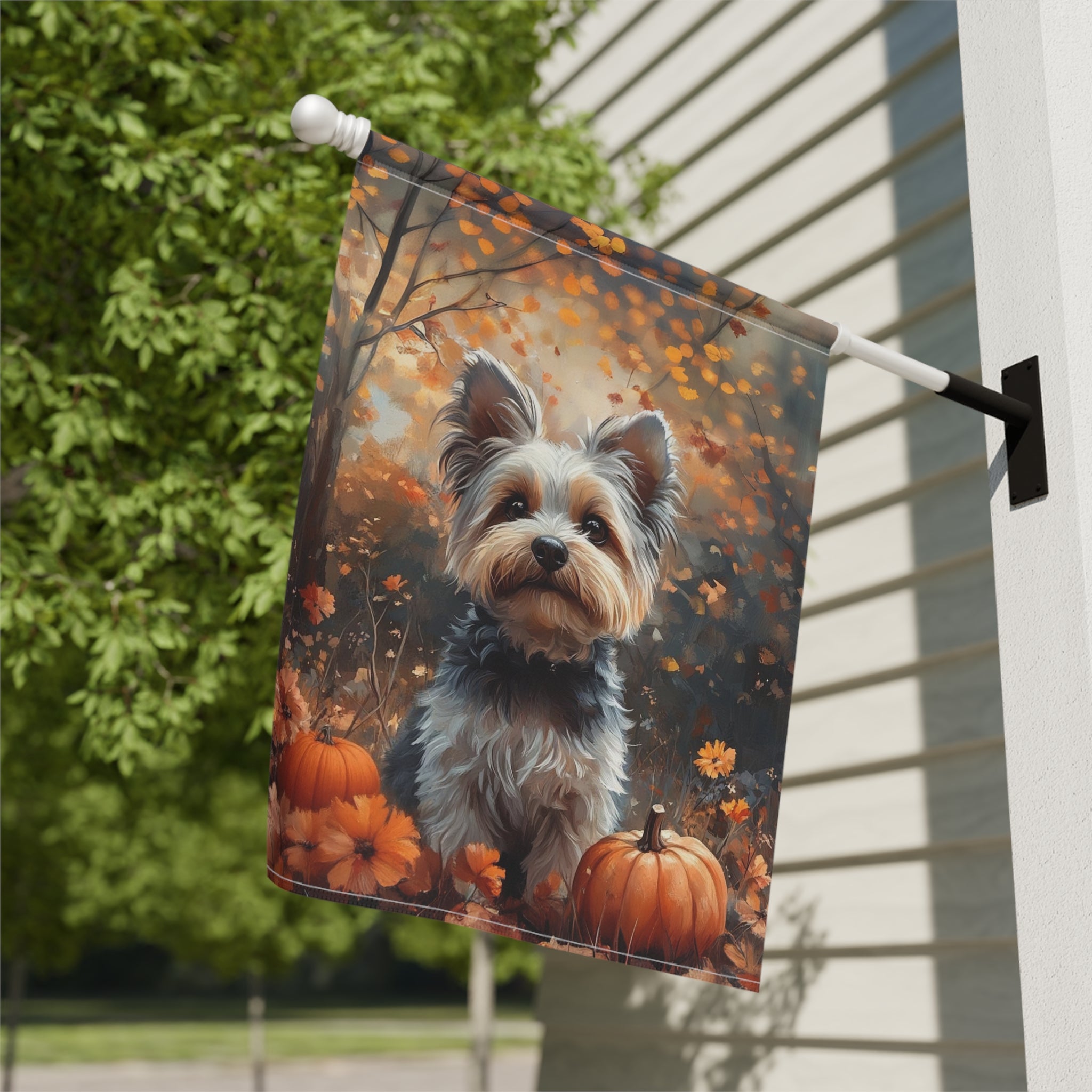 Autumn Yorkshire Terrier Garden Flag - close-up detail - Dragonfire Gardens