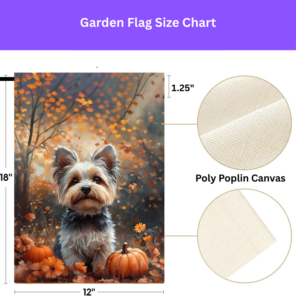 Autumn Yorkshire Terrier Garden Flag - size comparison - Dragonfire Gardens