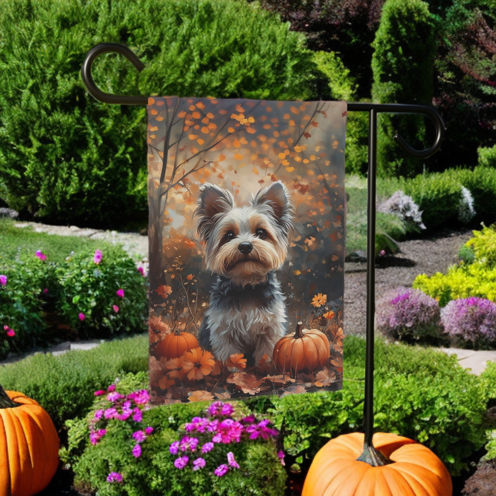 Autumn Yorkshire Terrier Garden Flag - front view - Dragonfire Gardens