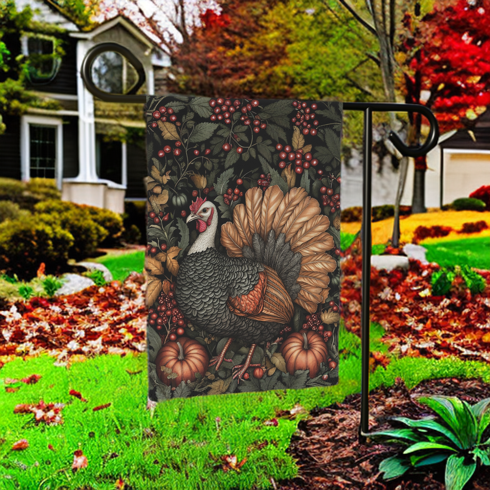 Two Pumpkins and Turkey Garden Flag