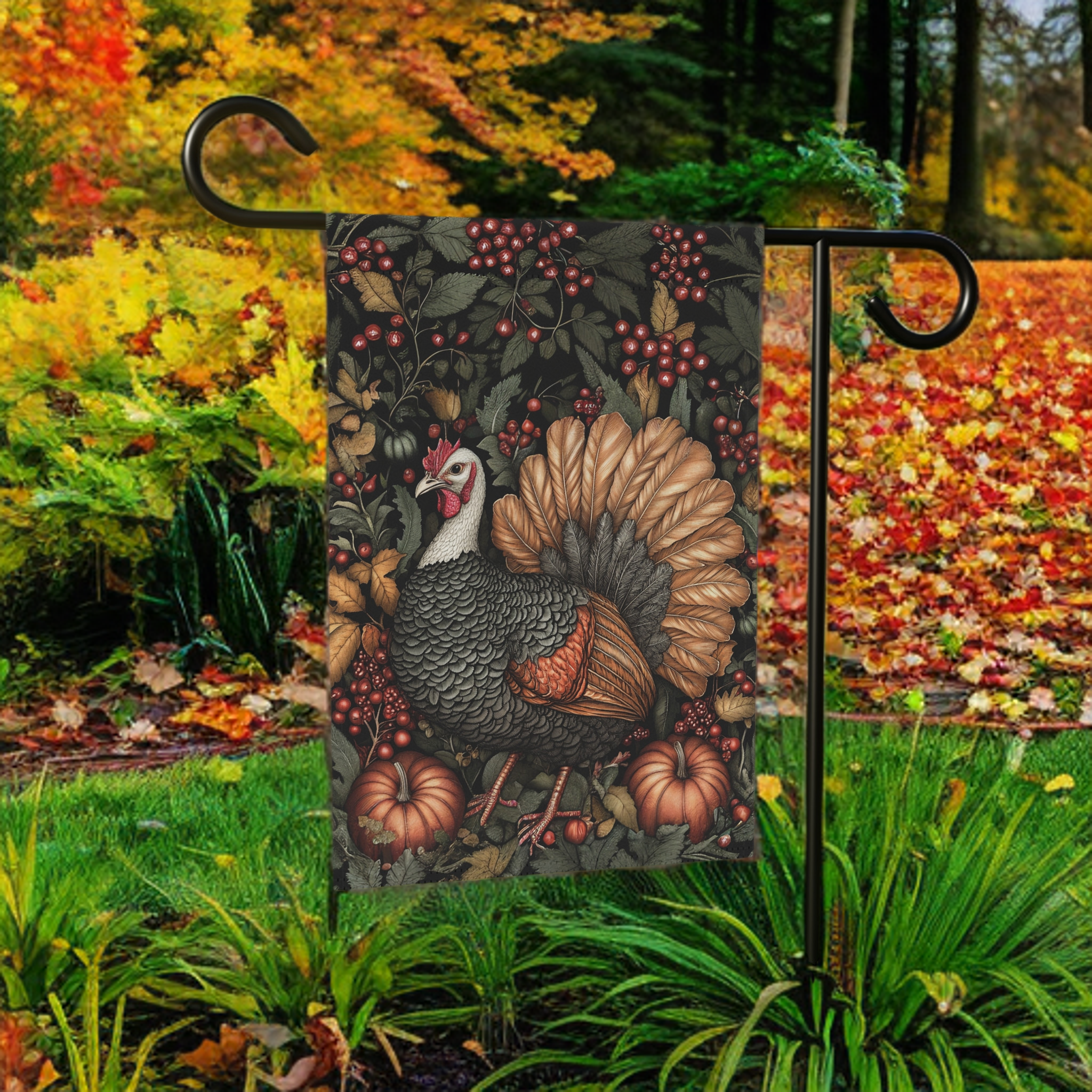 Two Pumpkins and Turkey Garden Flag