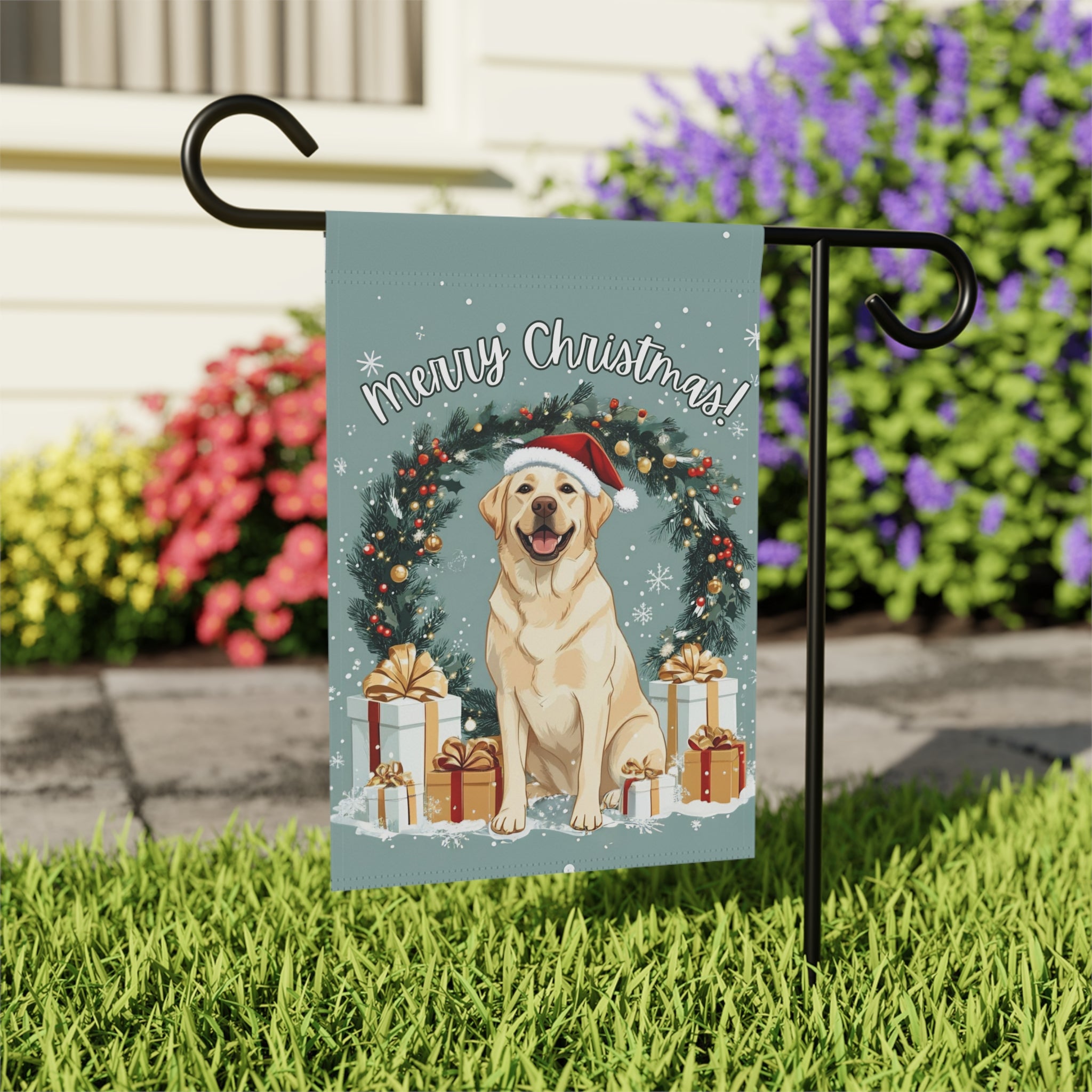 Merry Christmas Labrador Garden Flag - outdoor display - Dragonfire Gardens