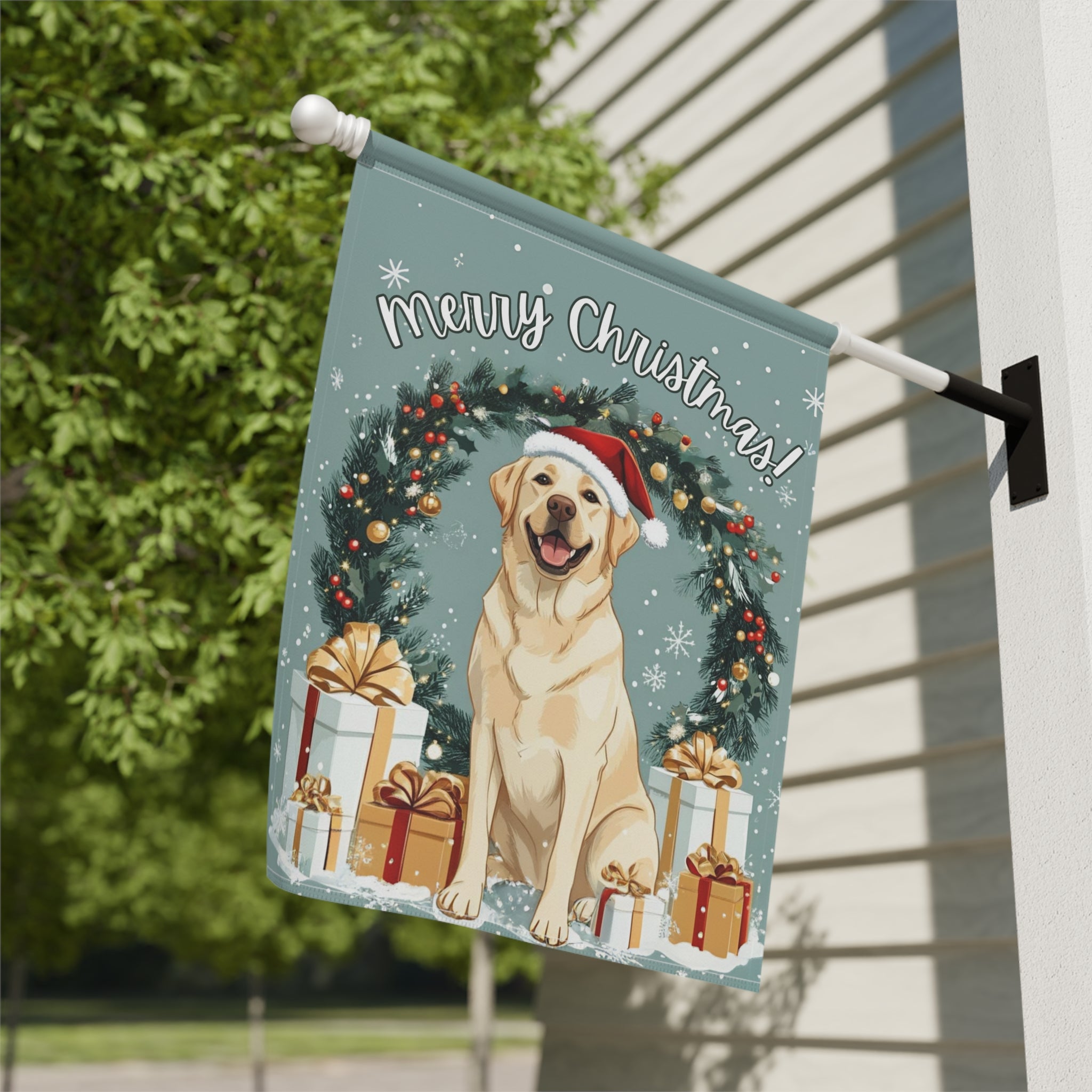 Merry Christmas Labrador Garden Flag - close-up detail - Dragonfire Gardens
