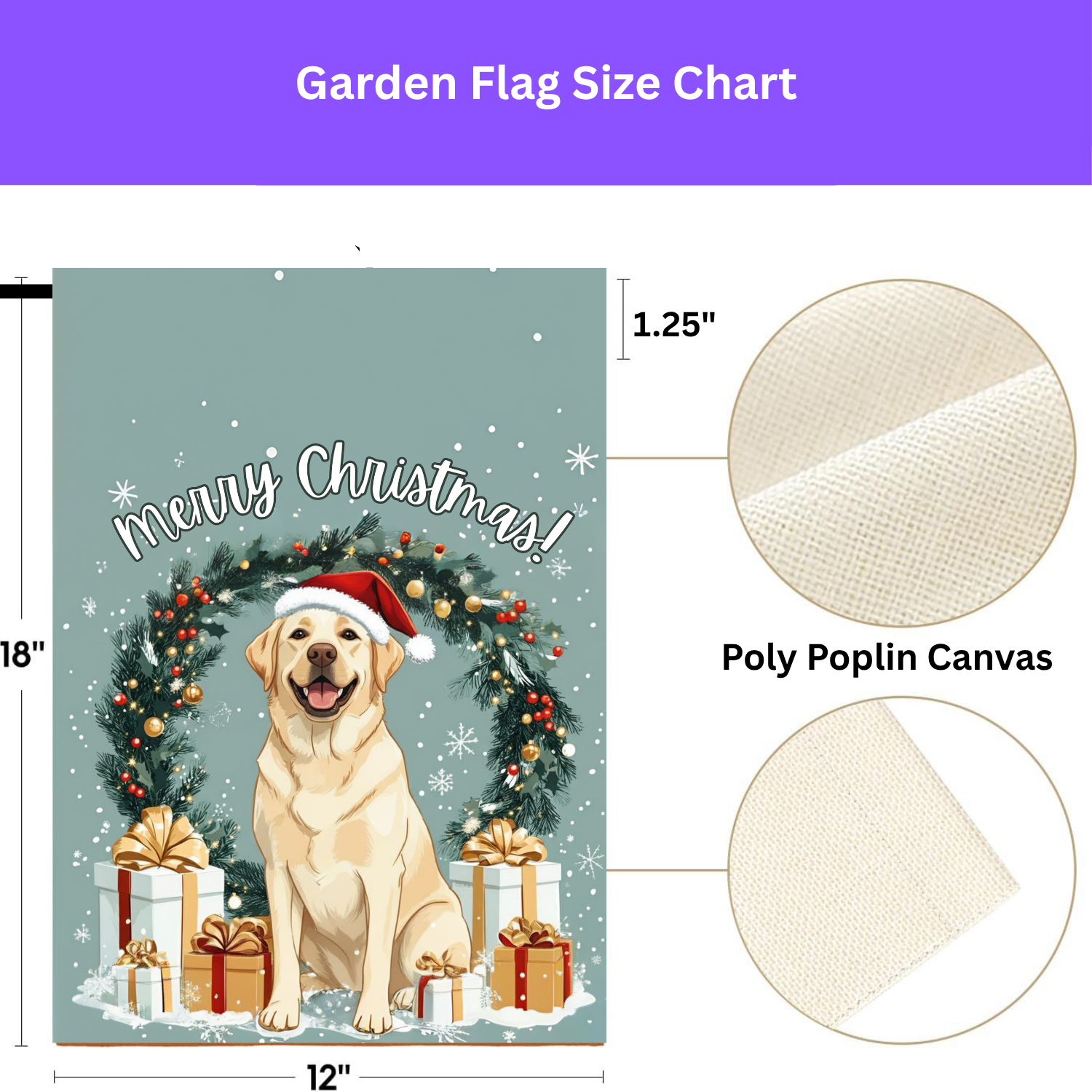Merry Christmas Labrador Garden Flag - size comparison - Dragonfire Gardens