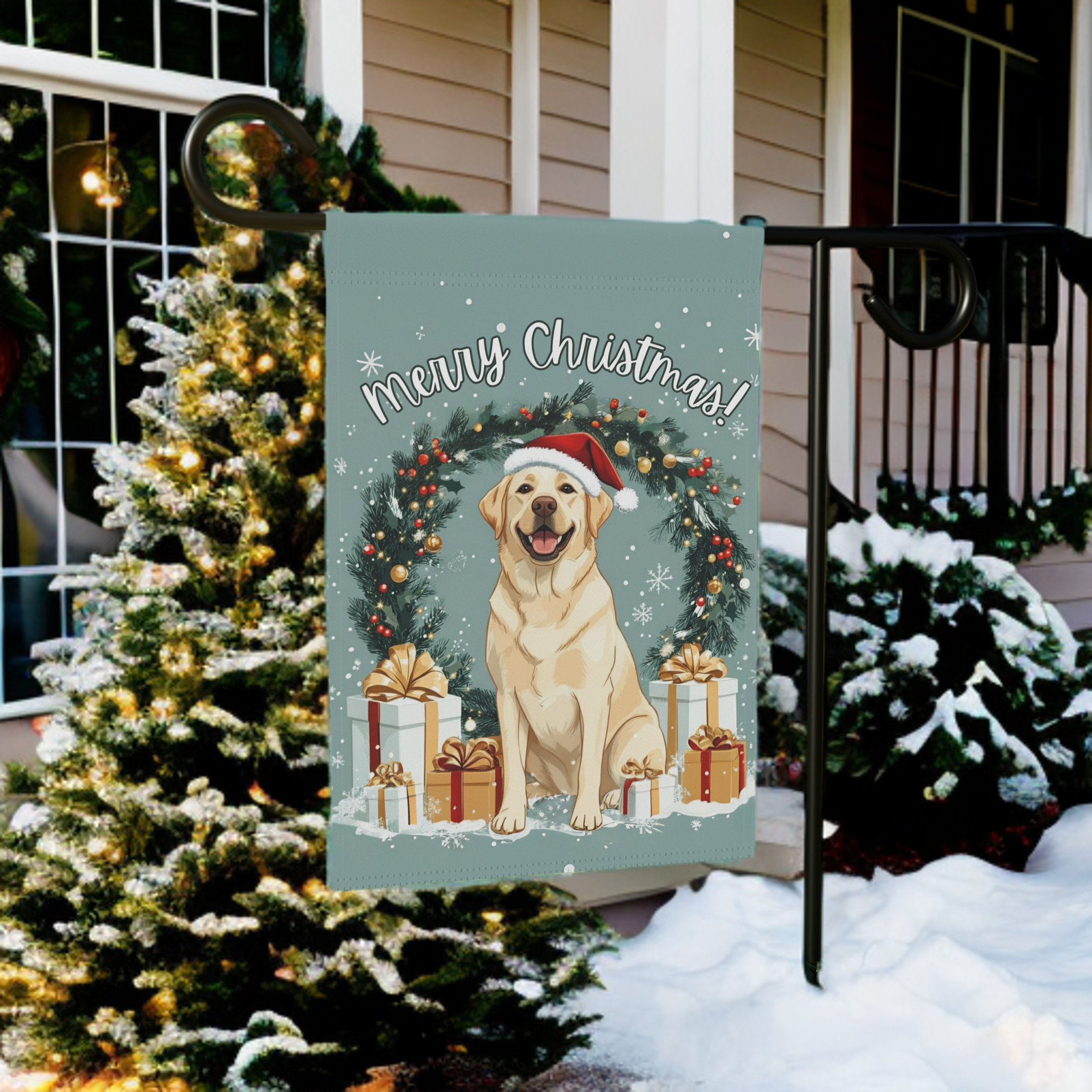 Merry Christmas Labrador Garden Flag - front view - Dragonfire Gardens
