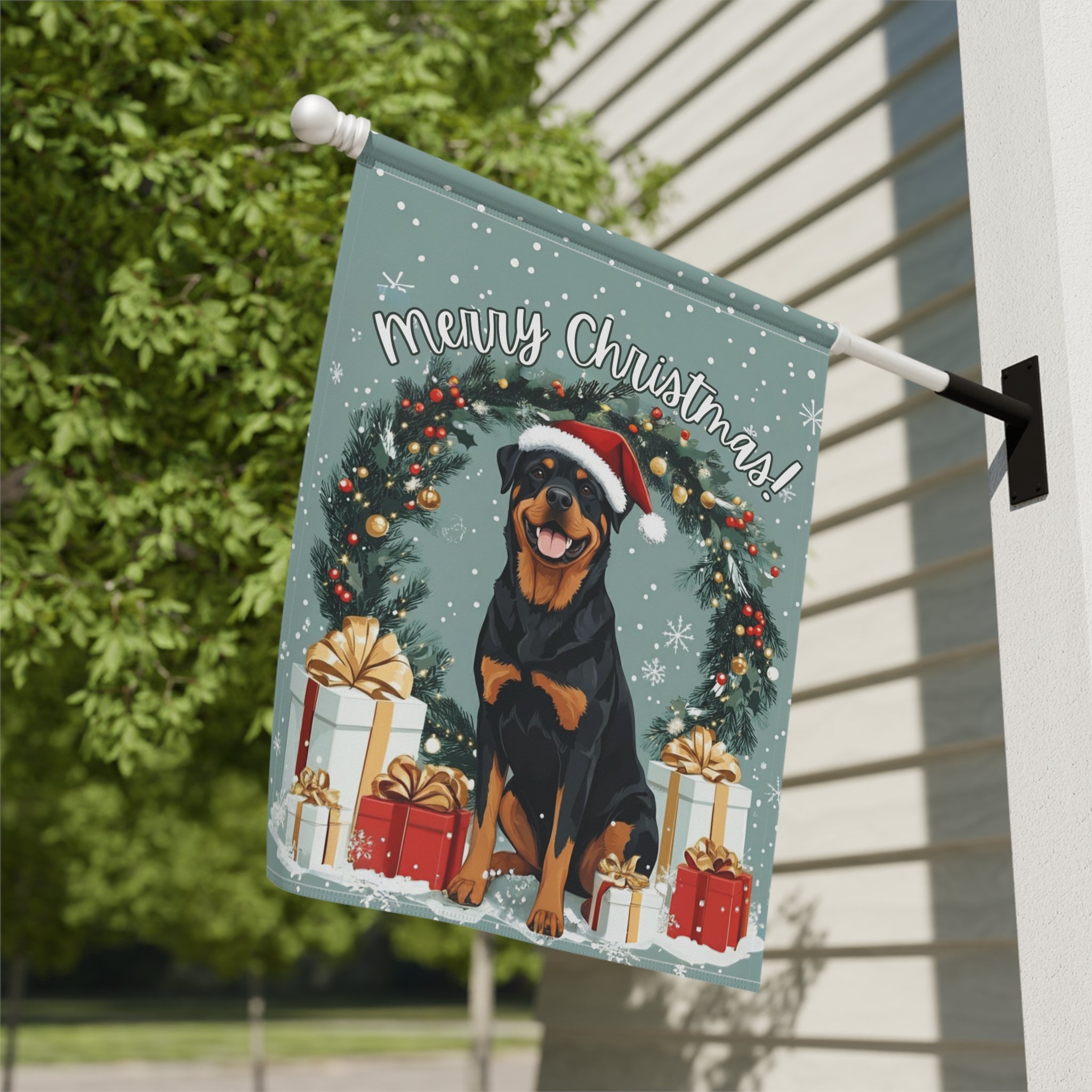 Merry Christmas Rottweiler Flag Garden Flag - close-up detail - Dragonfire Gardens
