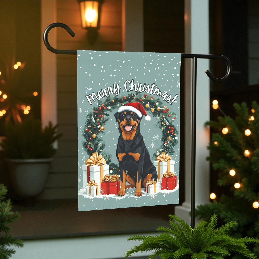 Merry Christmas Rottweiler Flag Garden Flag - size comparison - Dragonfire Gardens