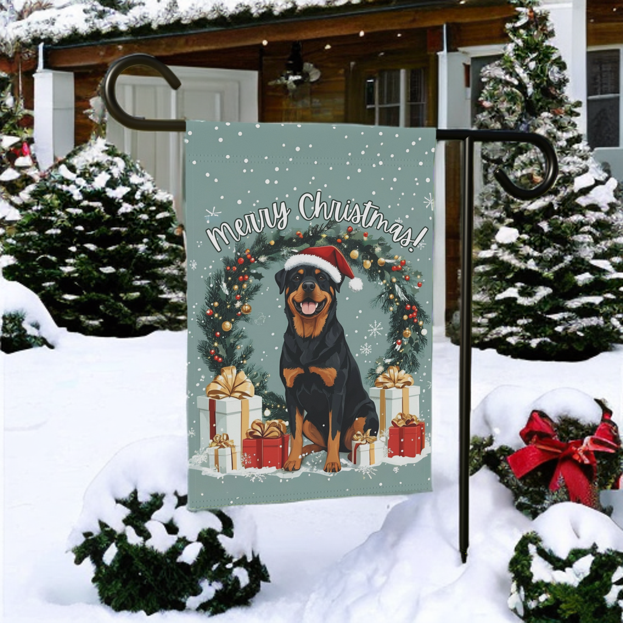 Merry Christmas Rottweiler Flag Garden Flag - front view - Dragonfire Gardens