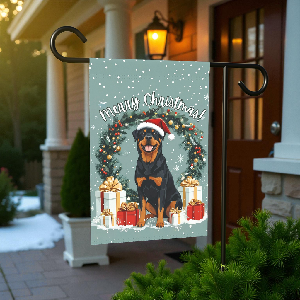 Merry Christmas Rottweiler Flag Garden Flag - lifestyle display - Dragonfire Gardens