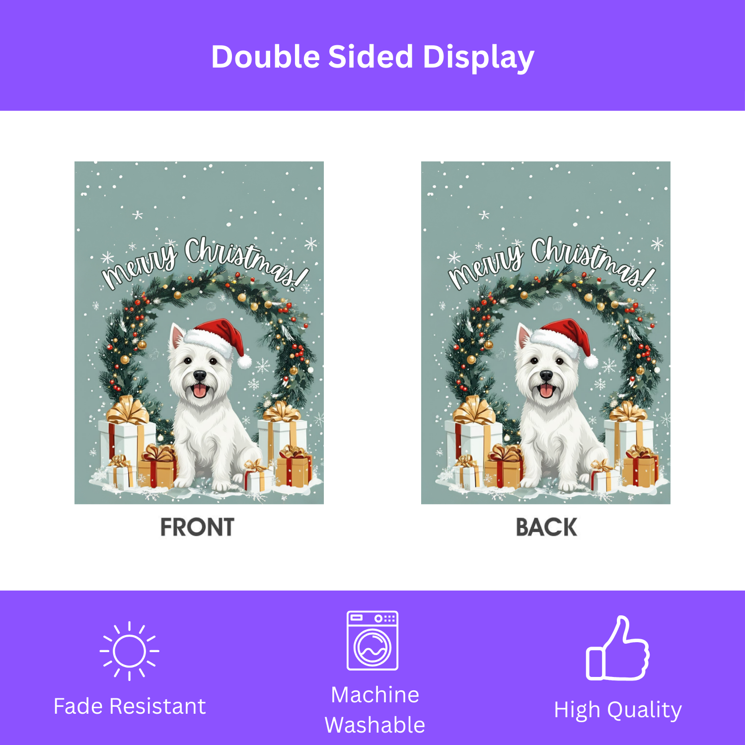 Merry Christmas Westie Garden Flag - double-sided design - Dragonfire Gardens