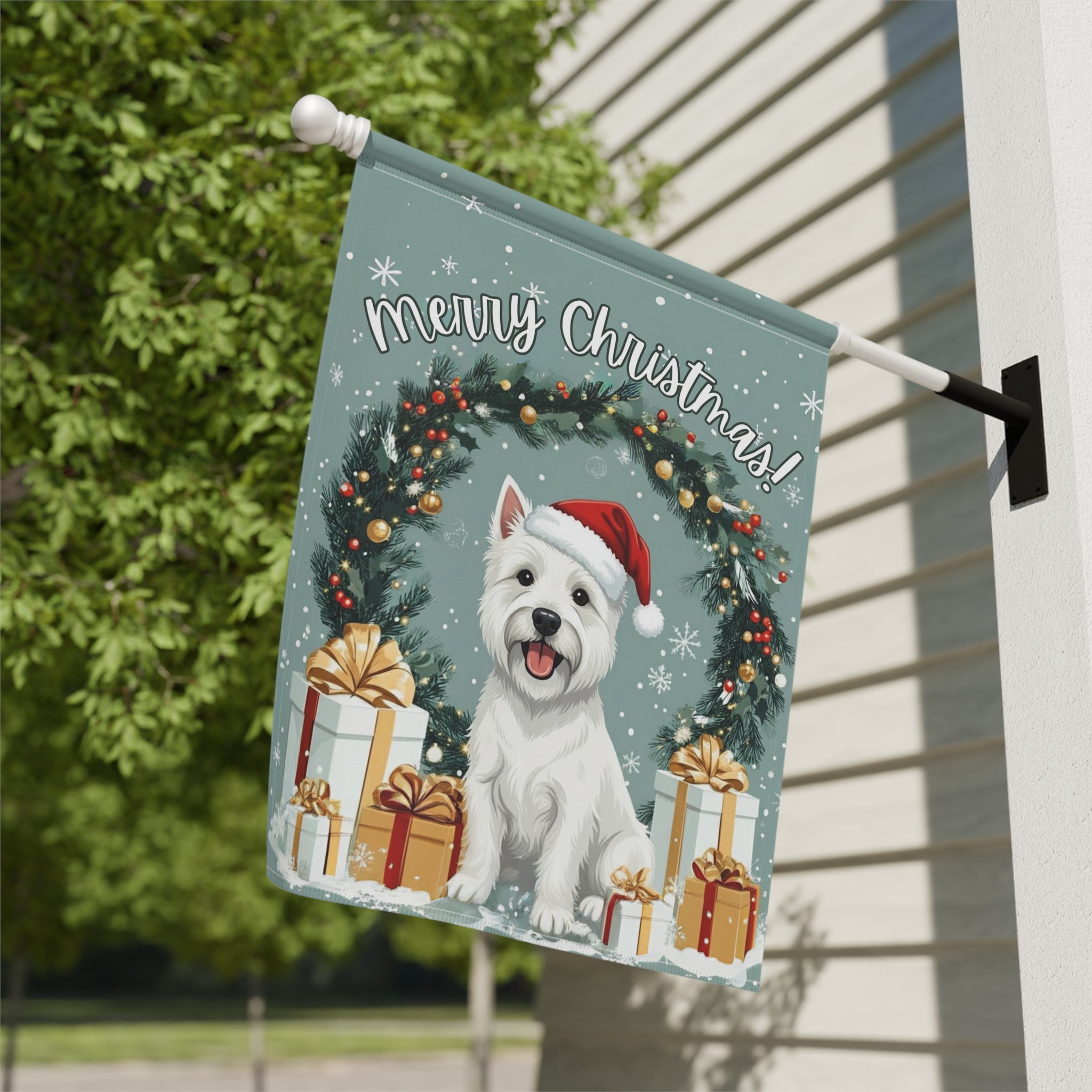 Merry Christmas Westie Garden Flag - close-up detail - Dragonfire Gardens