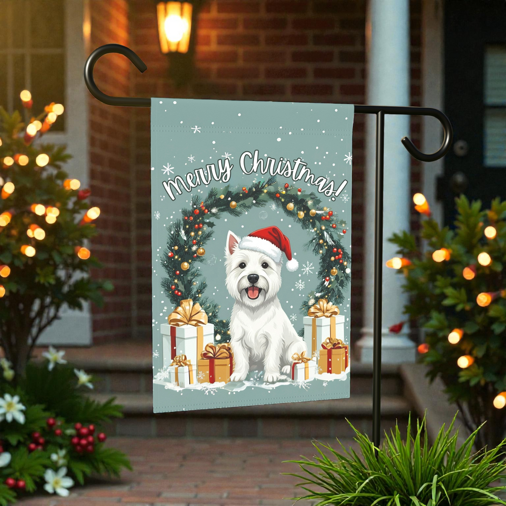 Merry Christmas Westie Garden Flag - size comparison - Dragonfire Gardens