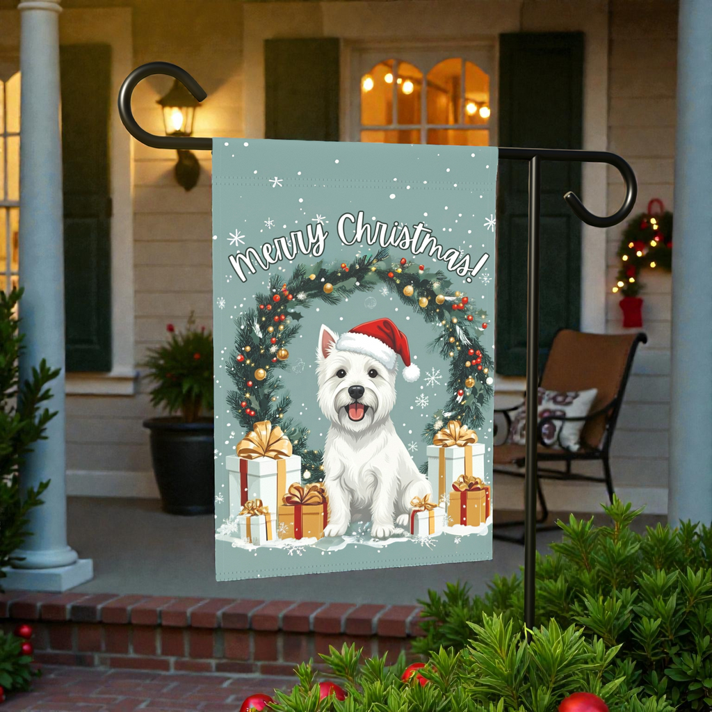 Merry Christmas Westie Garden Flag - lifestyle display - Dragonfire Gardens
