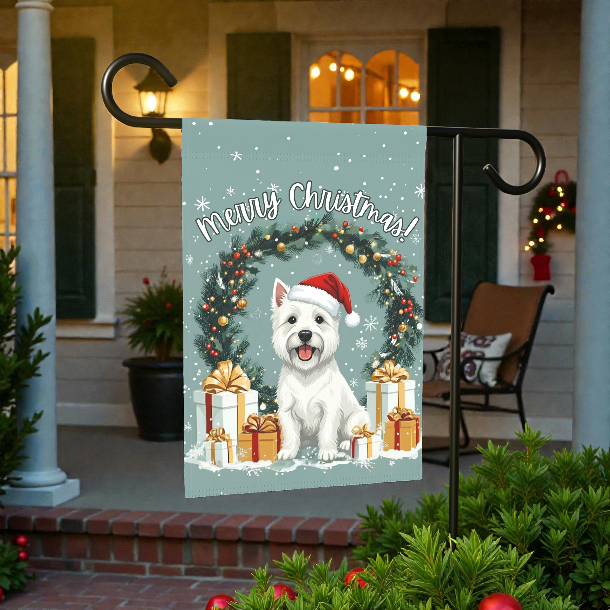 Merry Christmas Westie Garden Flag - lifestyle display - Dragonfire Gardens