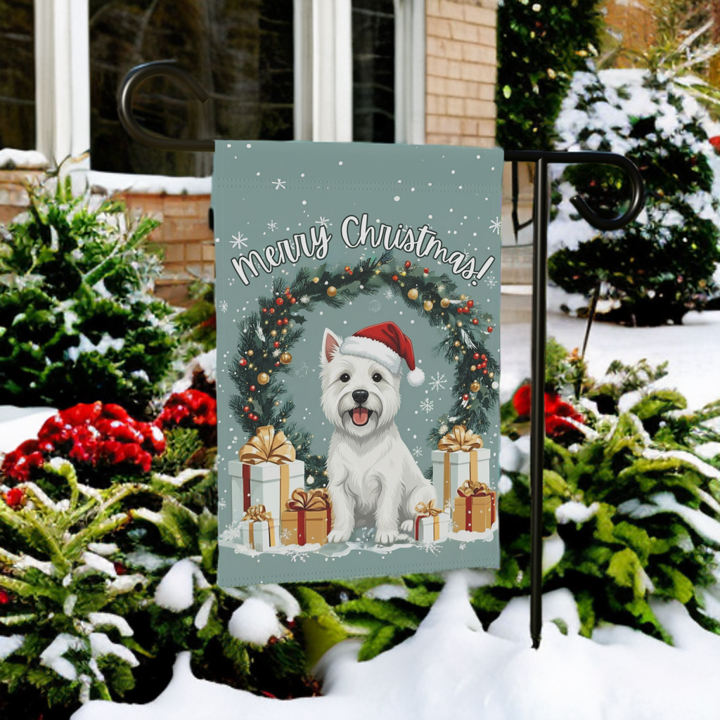 Merry Christmas Westie Garden Flag - front view - Dragonfire Gardens