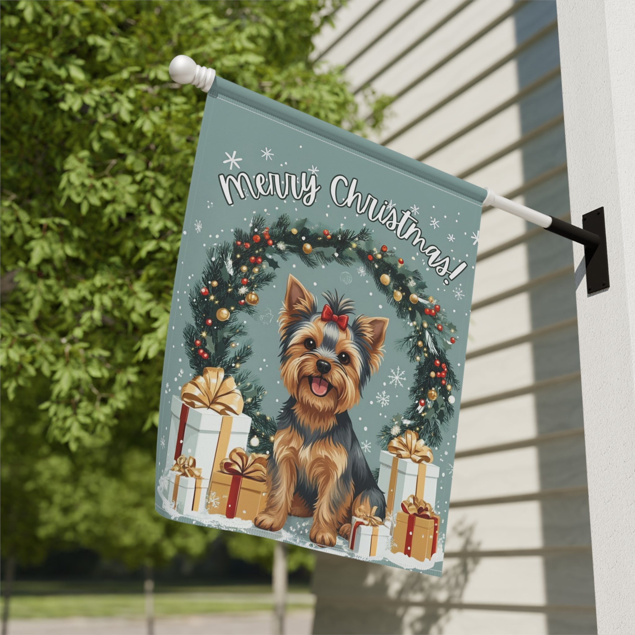 Merry Christmas Yorkie Garden Flag - close-up detail - Dragonfire Gardens