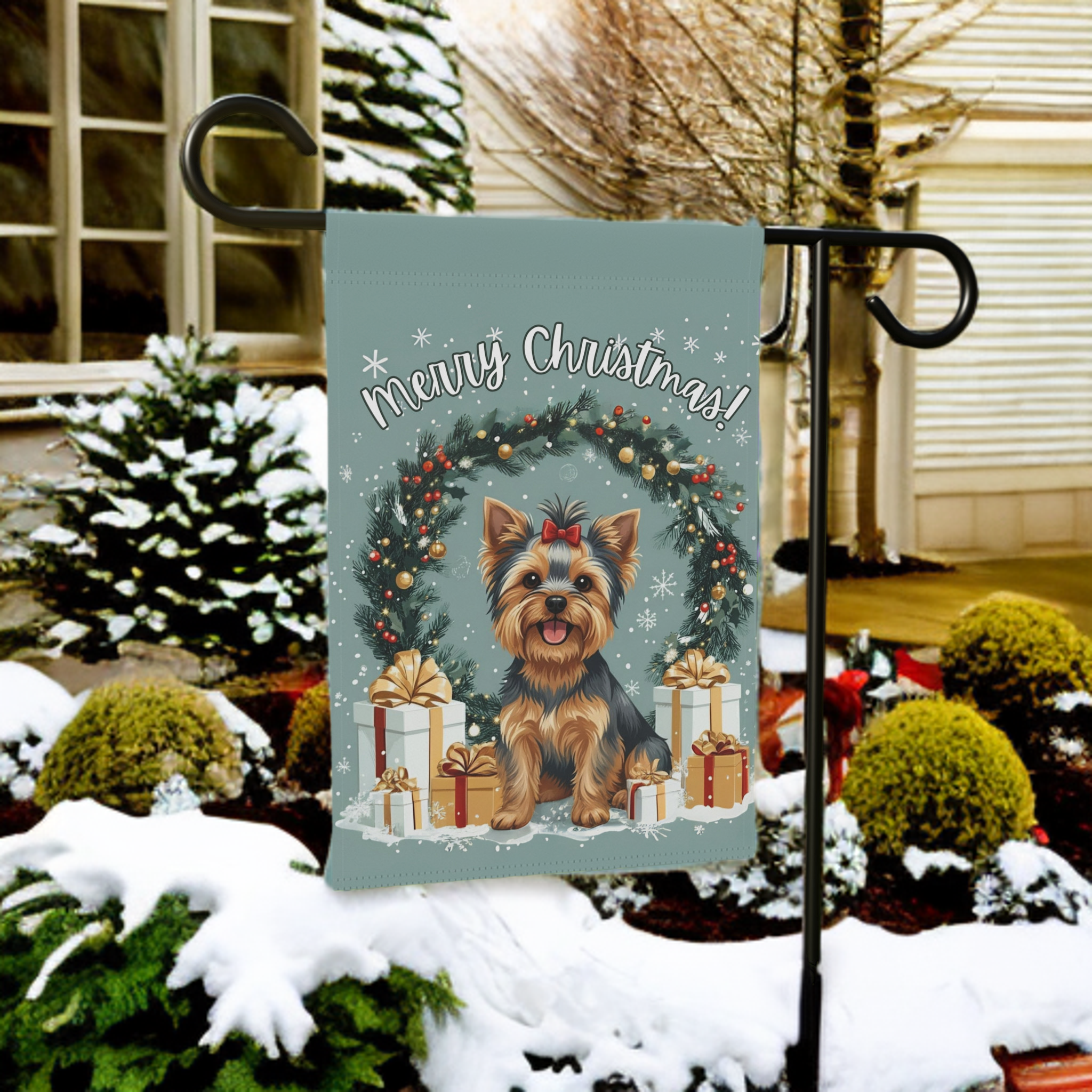 Merry Christmas Yorkie Garden Flag
