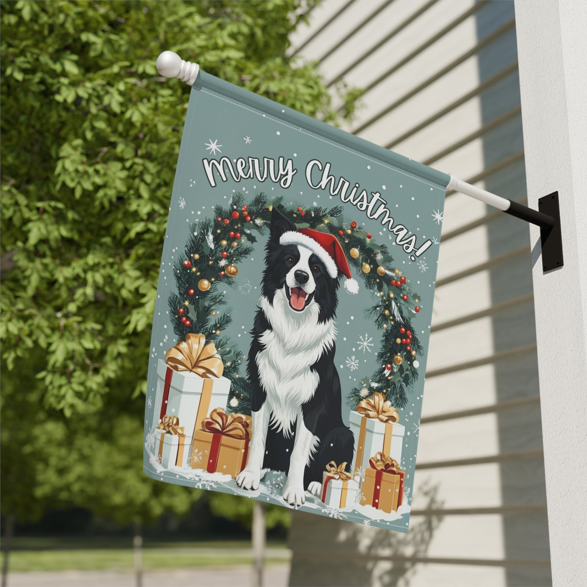 Merry Christmas Border Collie Garden Flag - close-up detail - Dragonfire Gardens