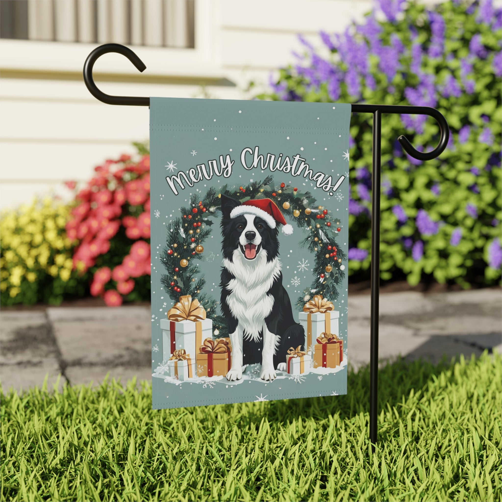 Merry Christmas Border Collie Garden Flag - outdoor display - Dragonfire Gardens