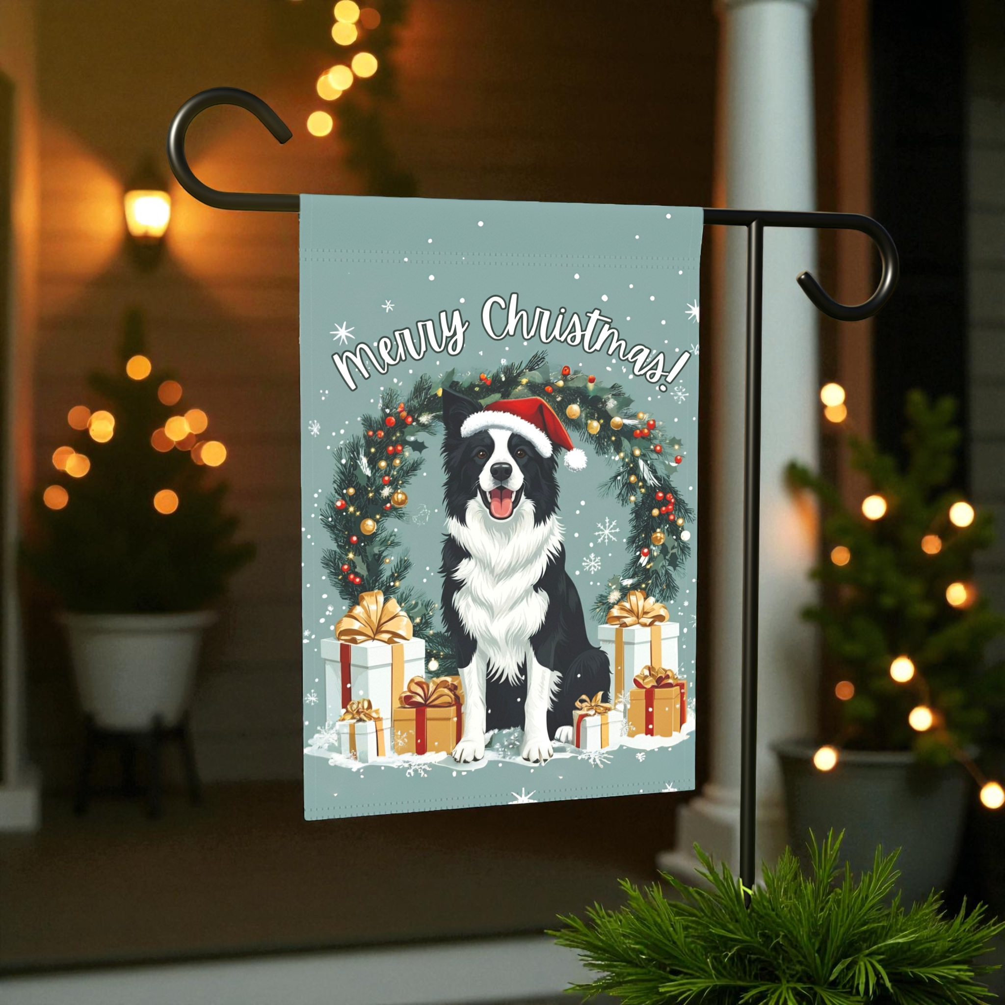 Merry Christmas Border Collie Garden Flag - front view - Dragonfire Gardens