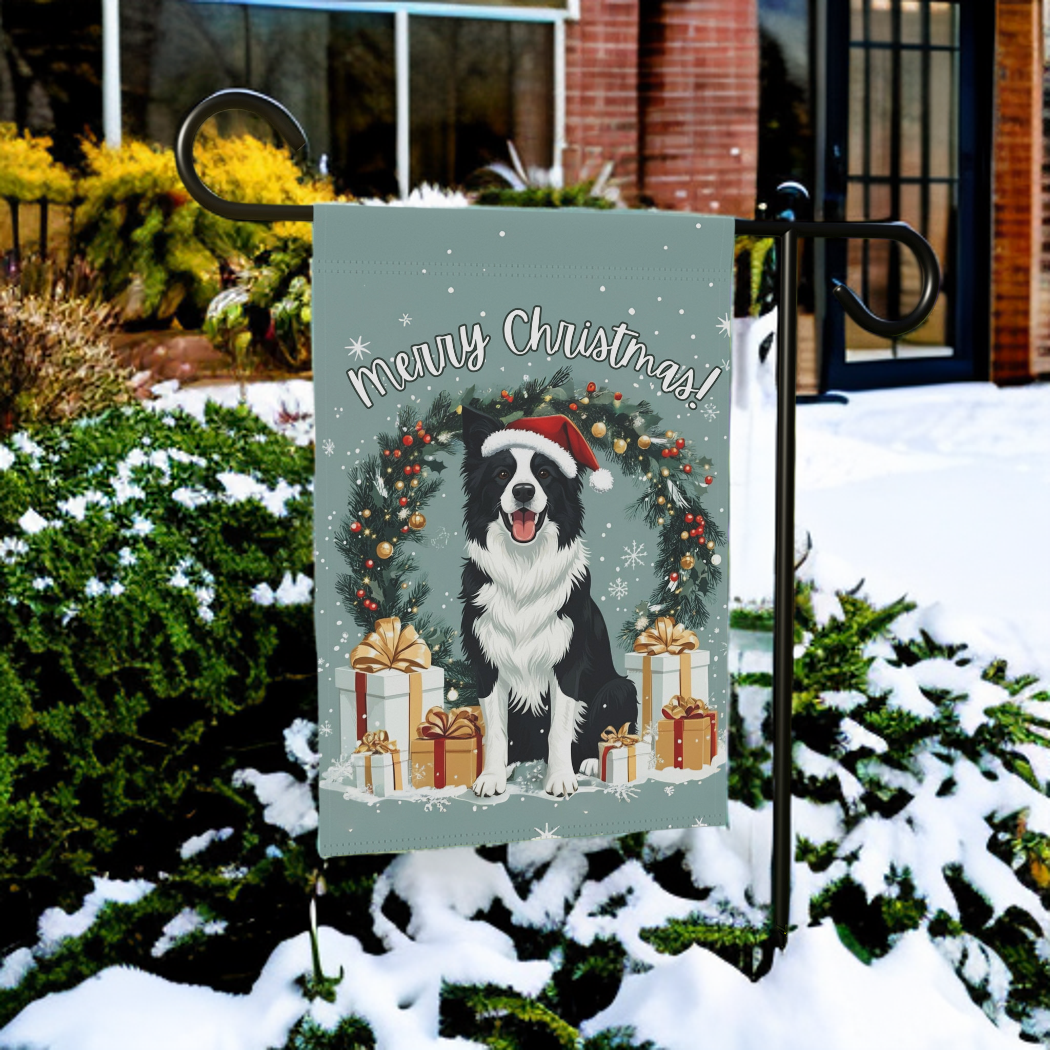 Merry Christmas Border Collie Garden Flag - size comparison - Dragonfire Gardens