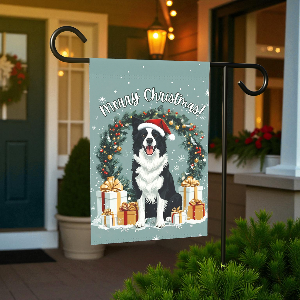 Merry Christmas Border Collie Garden Flag - lifestyle display - Dragonfire Gardens
