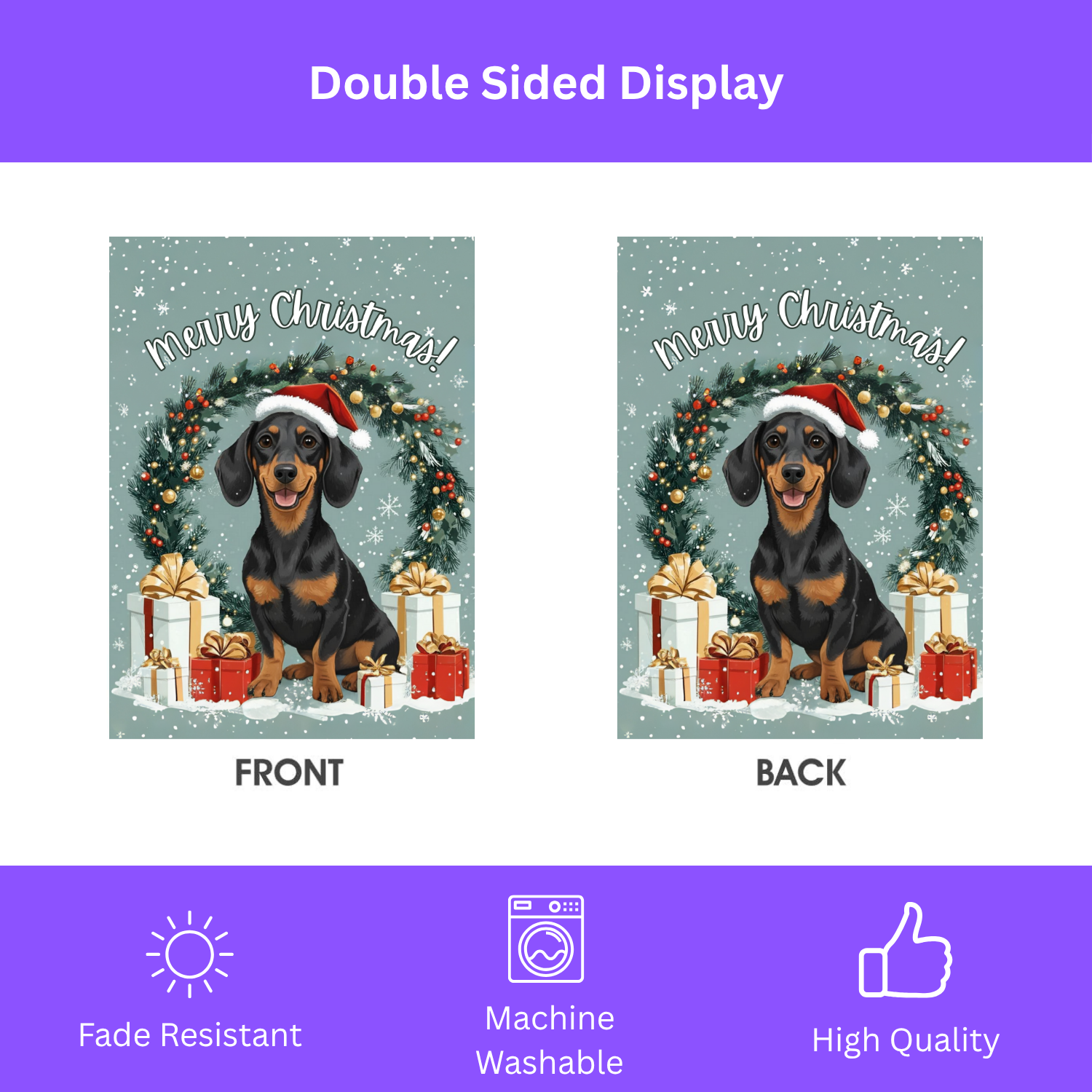 Merry Christmas Dachshund Garden Flag - double-sided design - Dragonfire Gardens