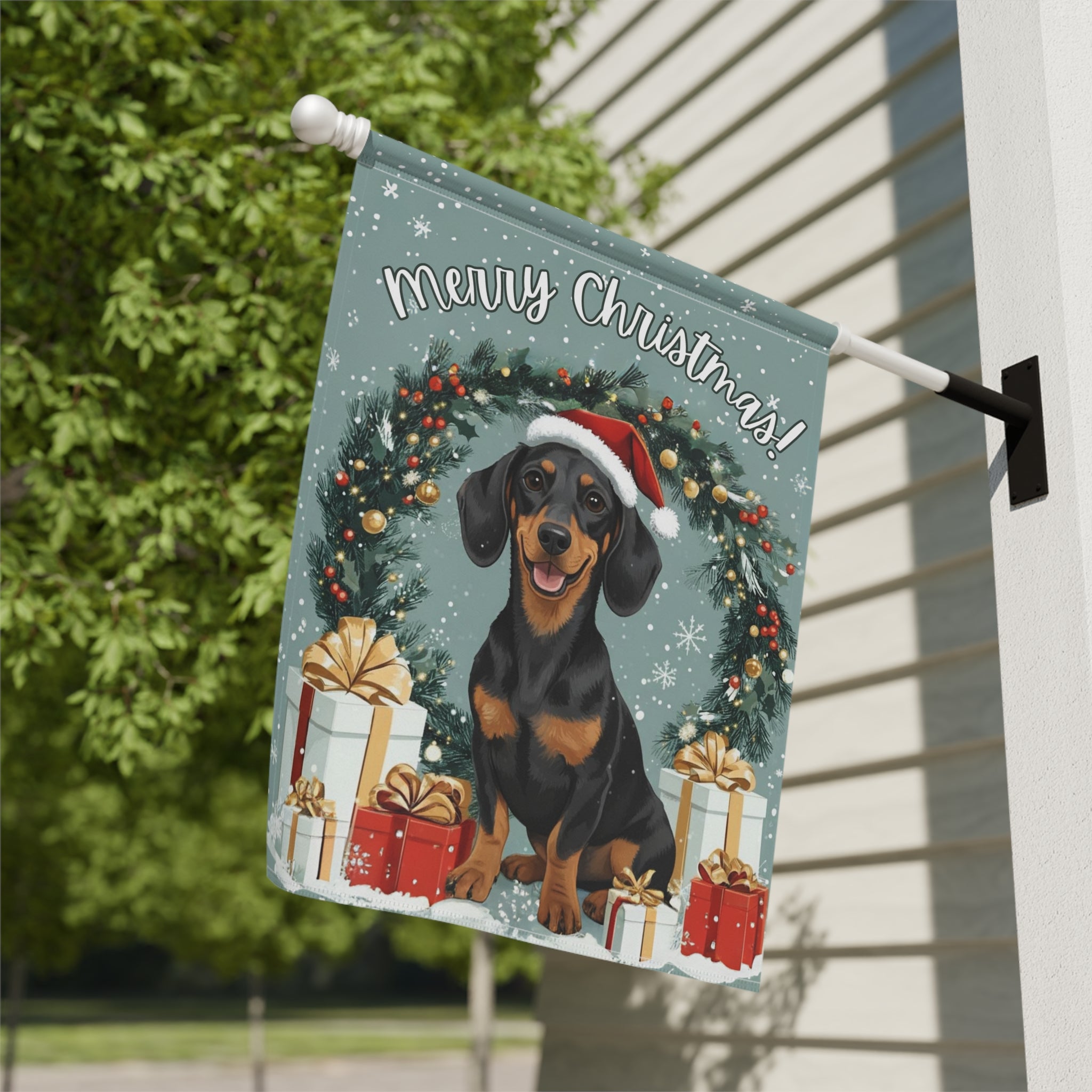 Merry Christmas Dachshund Garden Flag - close-up detail - Dragonfire Gardens