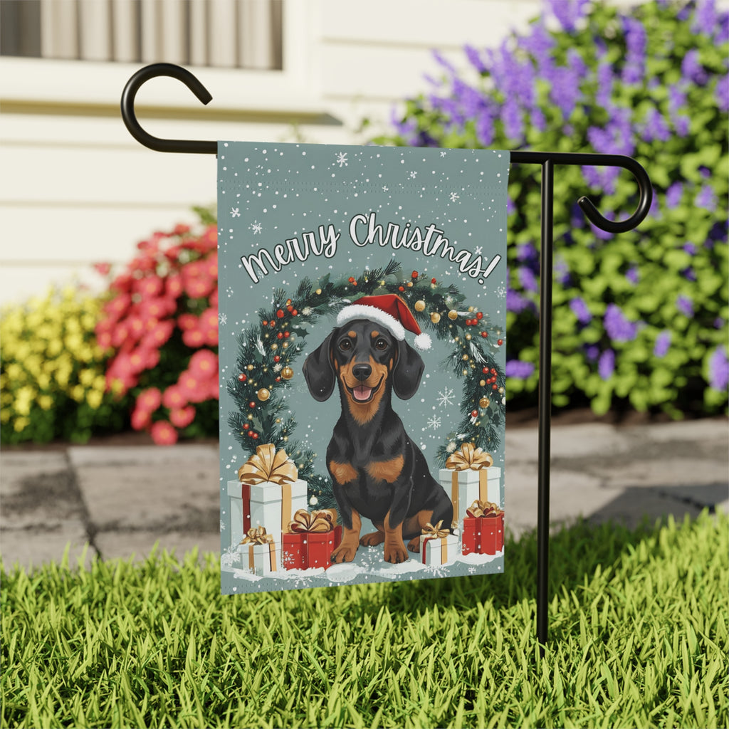 Merry Christmas Dachshund Garden Flag - outdoor display - Dragonfire Gardens