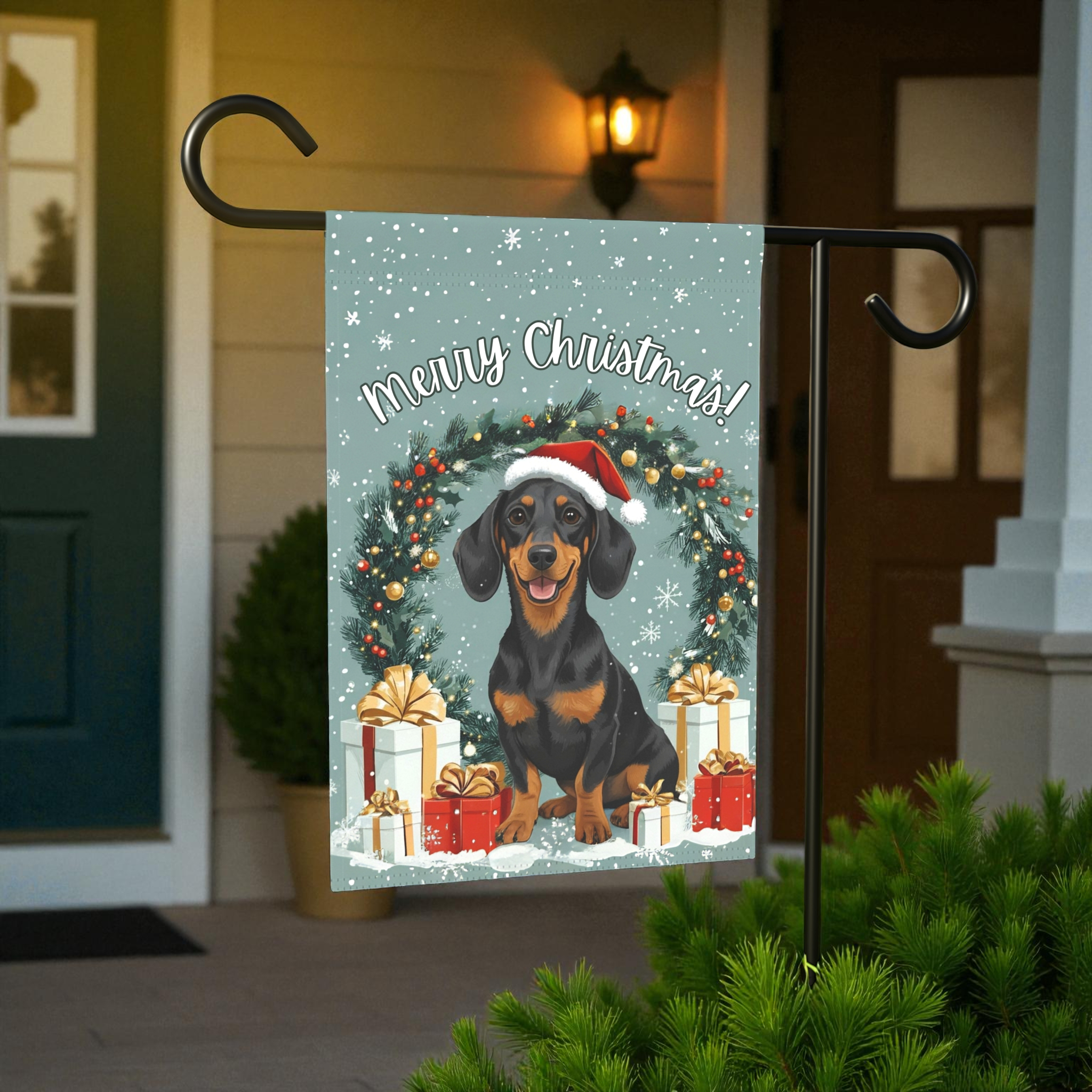 Merry Christmas Dachshund Garden Flag - size comparison - Dragonfire Gardens