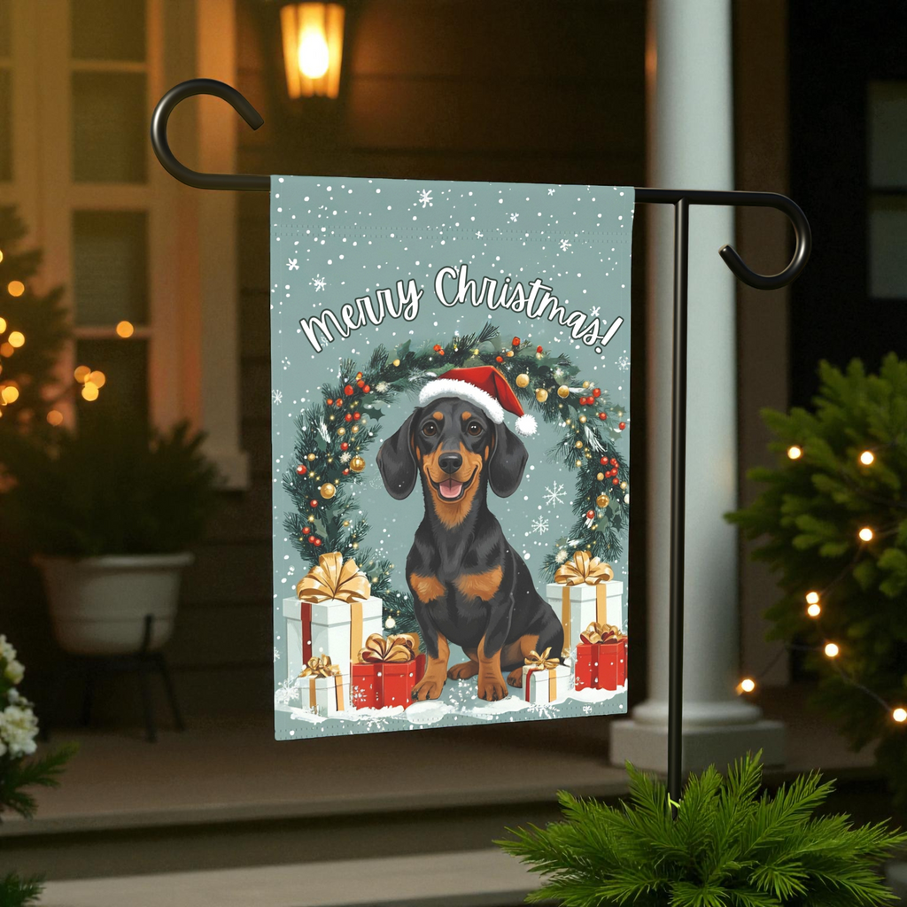 Merry Christmas Dachshund Garden Flag - lifestyle display - Dragonfire Gardens