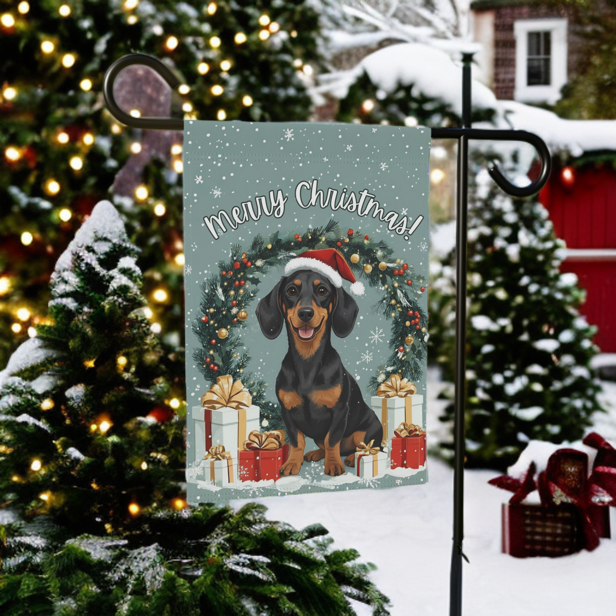 Merry Christmas Dachshund Garden Flag - front view - Dragonfire Gardens