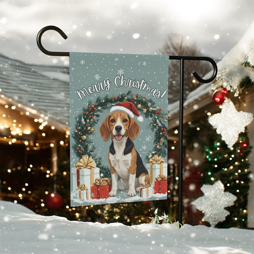 Merry Christmas Beagle Garden Flag - double-sided design - Dragonfire Gardens