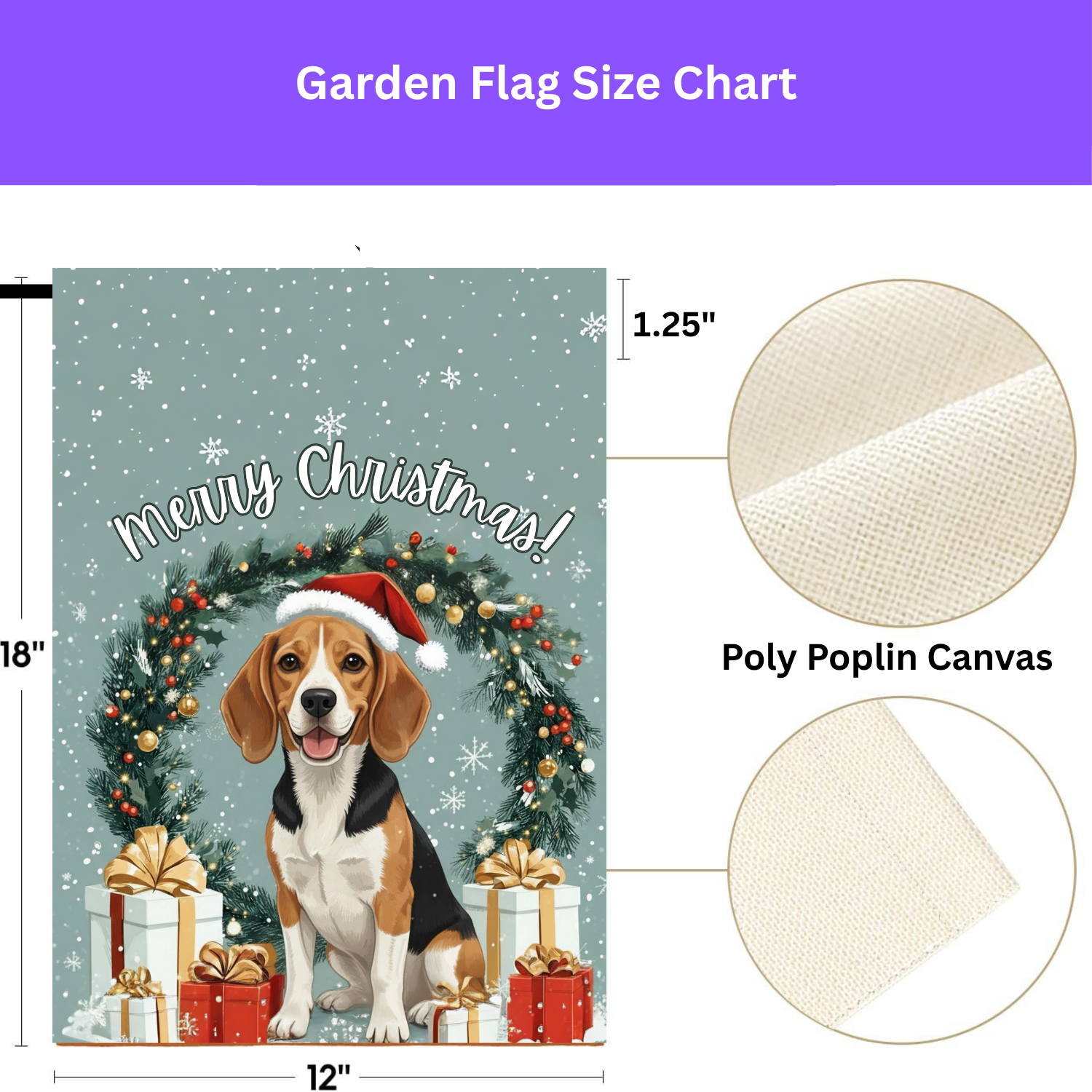 Merry Christmas Beagle Garden Flag - size comparison - Dragonfire Gardens