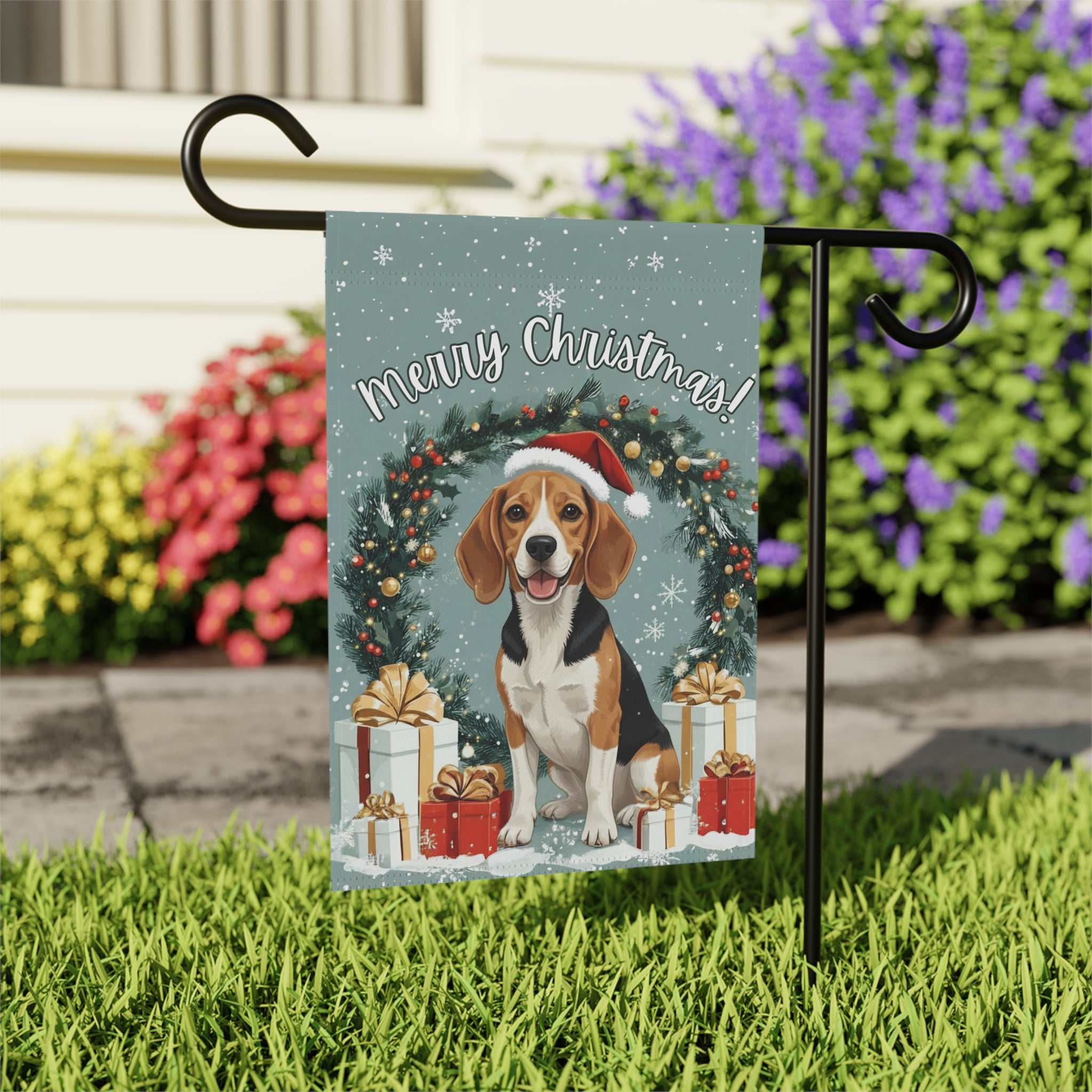 Merry Christmas Beagle Garden Flag - outdoor display - Dragonfire Gardens