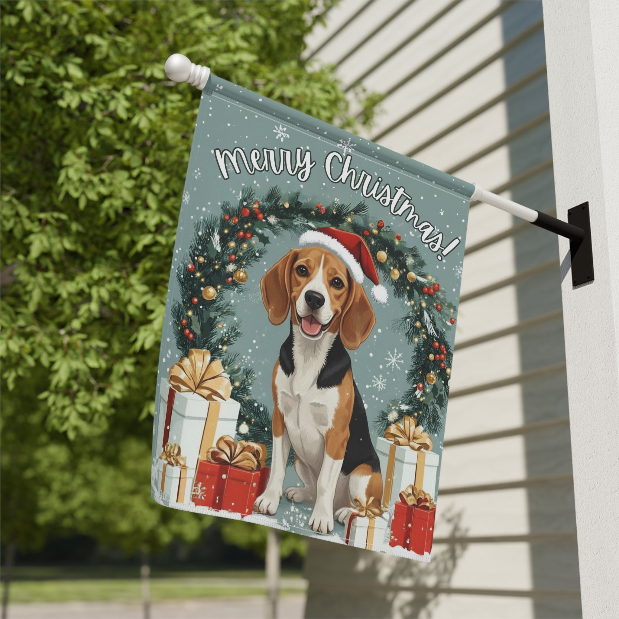 Merry Christmas Beagle Garden Flag - close-up detail - Dragonfire Gardens