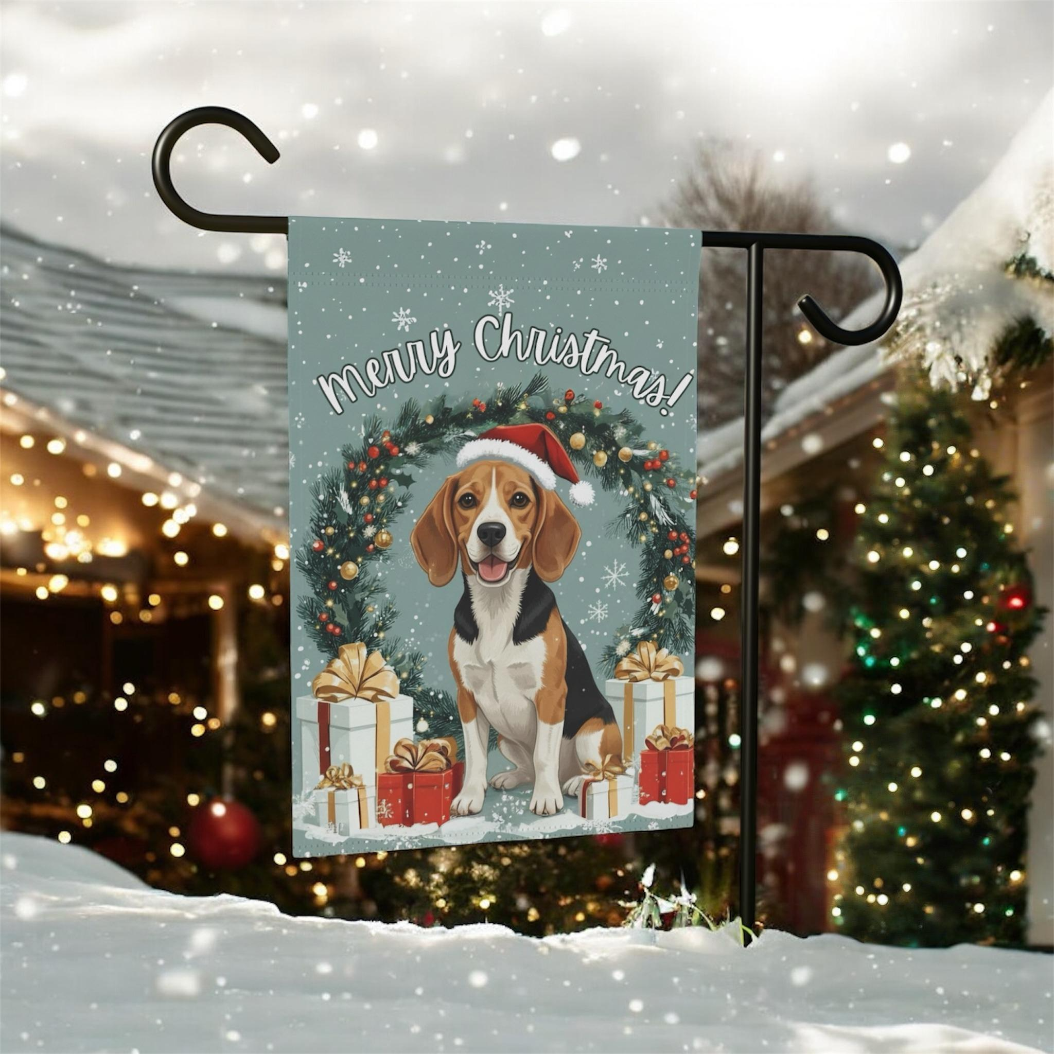 Merry Christmas Beagle Garden Flag - product detail - Dragonfire Gardens