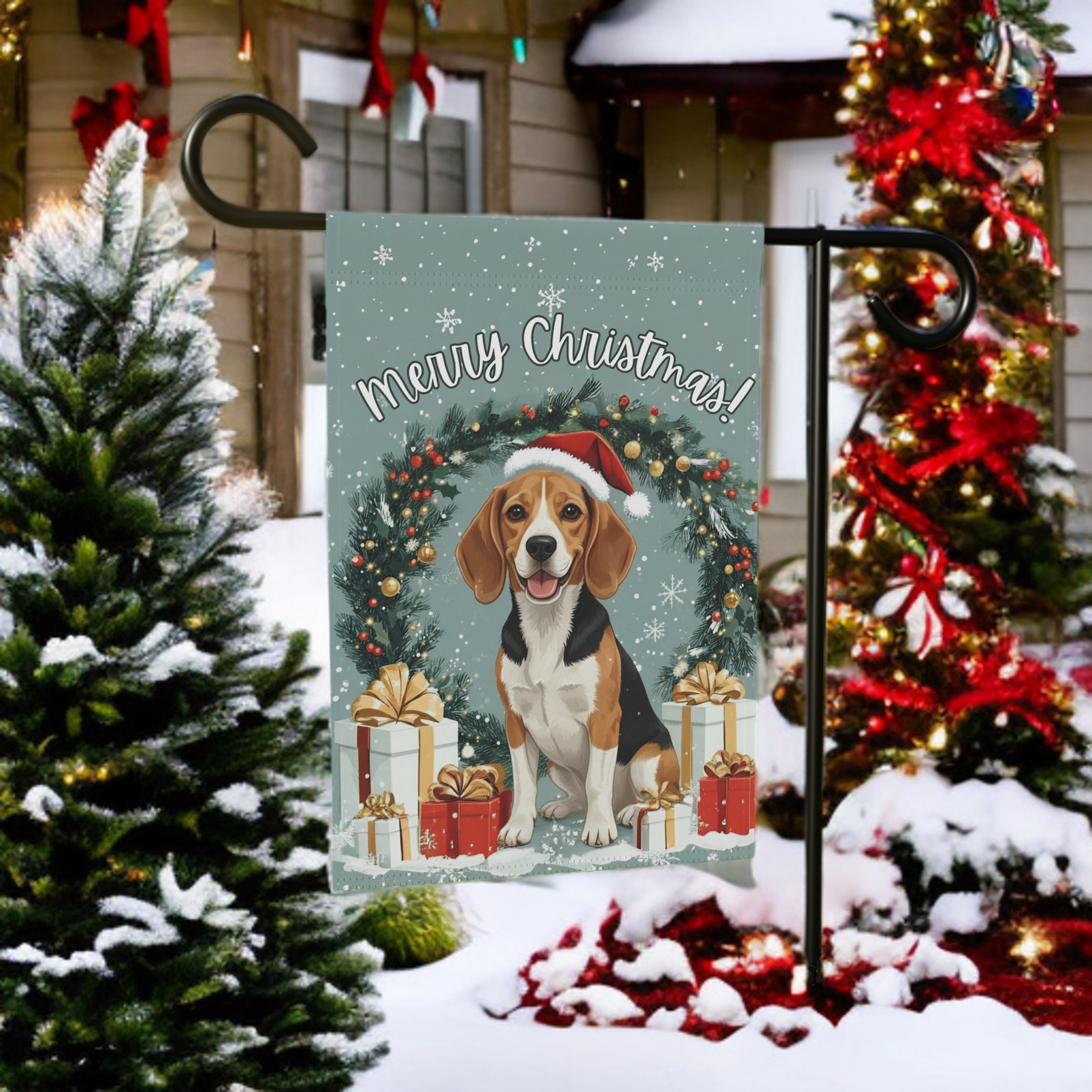 Merry Christmas Beagle Garden Flag - front view - Dragonfire Gardens