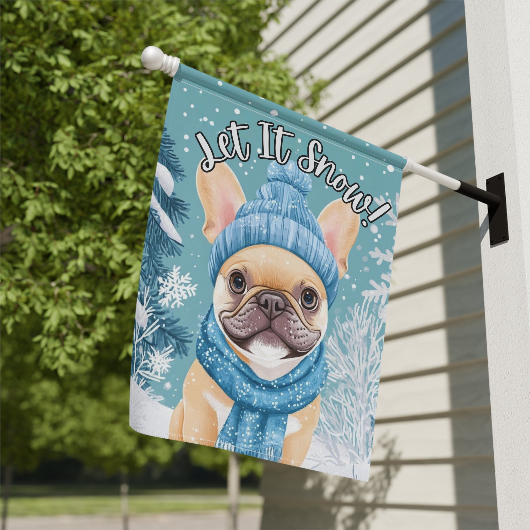 Let It Snow French Bulldog Winter Garden Flag - close-up detail - Dragonfire Gardens